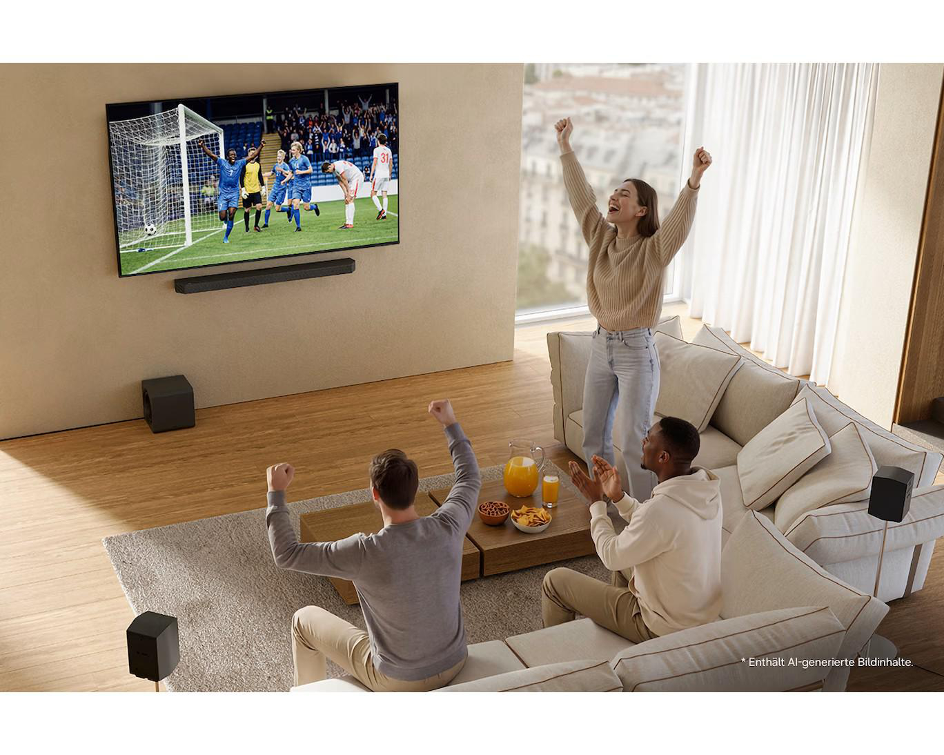 Drei Personen jubeln vor einem Fernseher, der ein Fußballspiel zeigt.