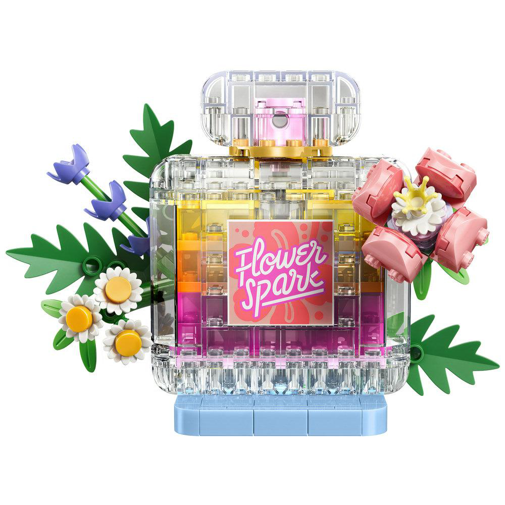 Ein Lego-Parfümflakon mit bunten Blumen und Blättern.