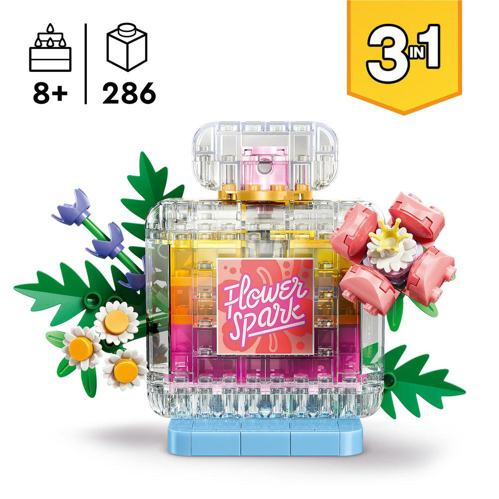 Ein Lego-Set für 8+, 286 Teile, mit Parfümflaschen-Modell und Blumen.