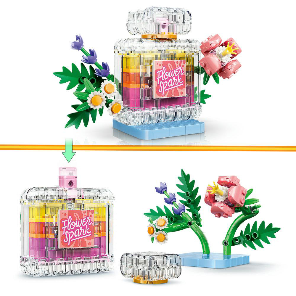 Ein durchsichtiger Flakon mit bunten Schichten und Blumen. Unten ein aufgeteilter Flakon und Blumen.