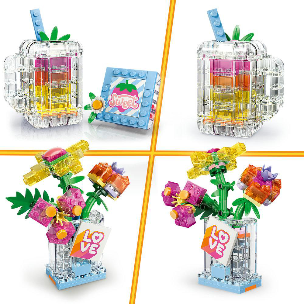 Bunte Lego-Getränke und Blumensträuße mit „Sweet“ und „Love“.
