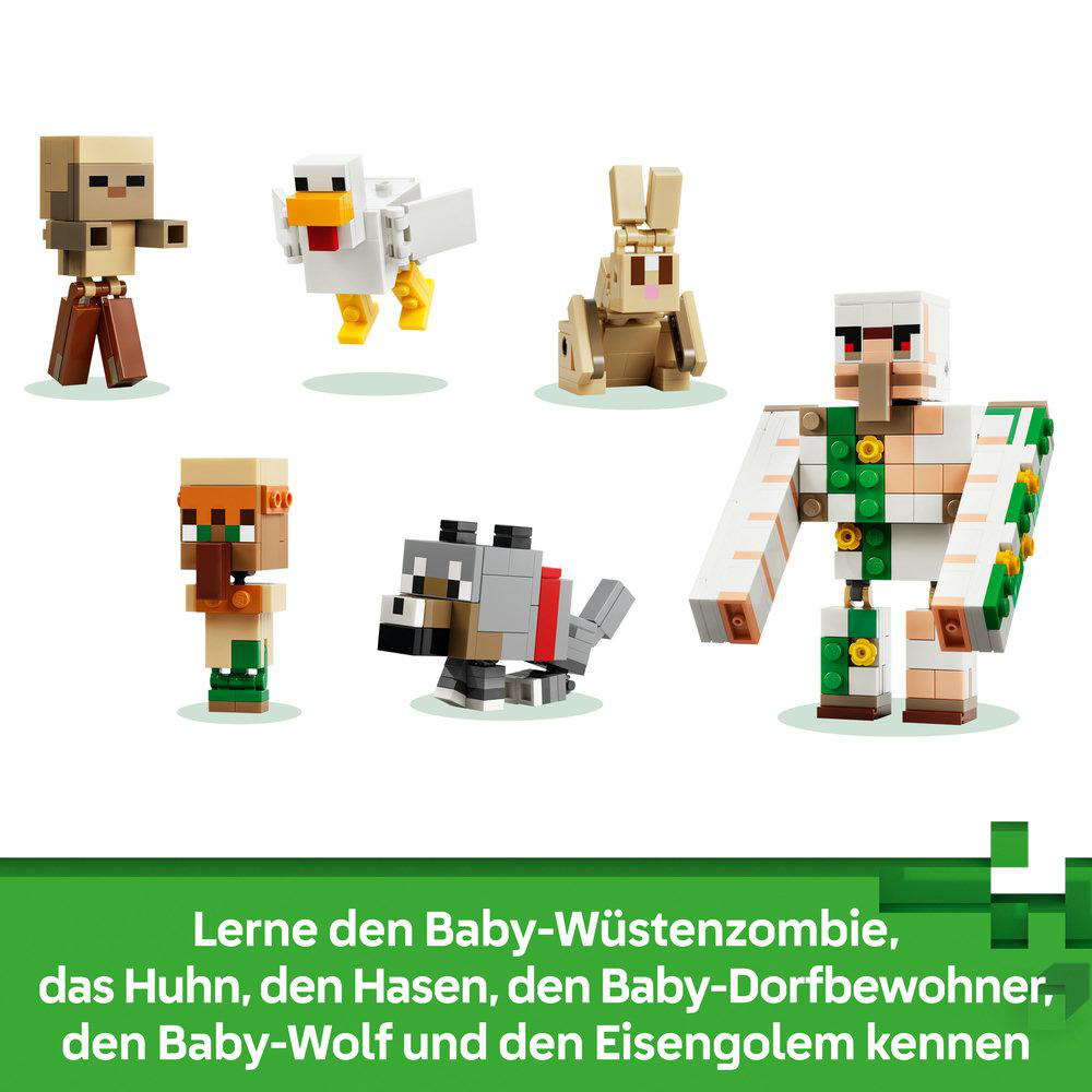 Minecraft Figuren: Baby-Wüstenzombie, Huhn, Hase, Dorfbewohner, Wolf, Eisengolem.