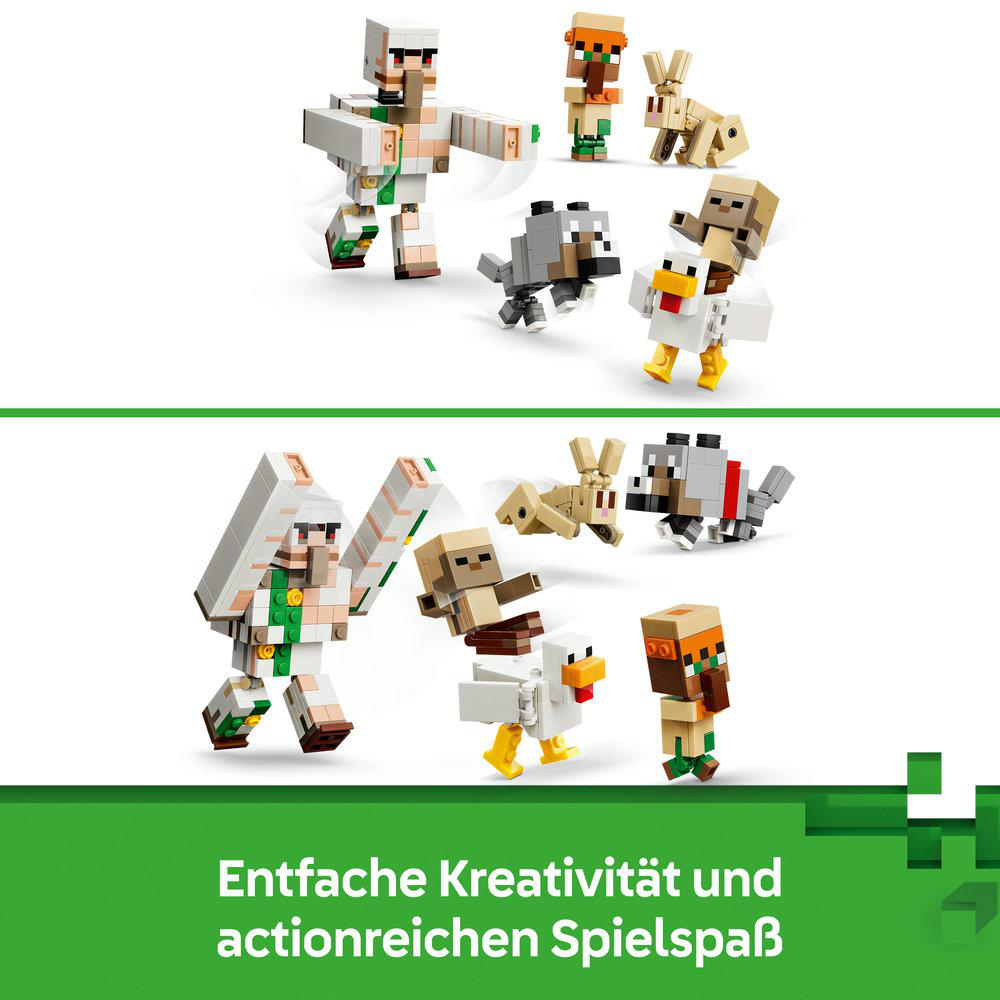 Minecraft-Figuren: Dorfbewohner, Wolf, Huhn und Kaninchen aus LEGO-Bausteinen.