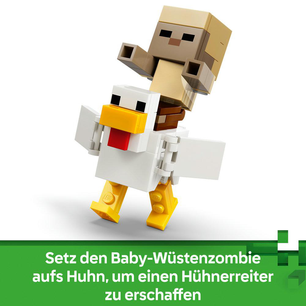 Ein Baby-Wüstenzombie reitet auf einem weißen Lego-Huhn mit gelben Füßen.