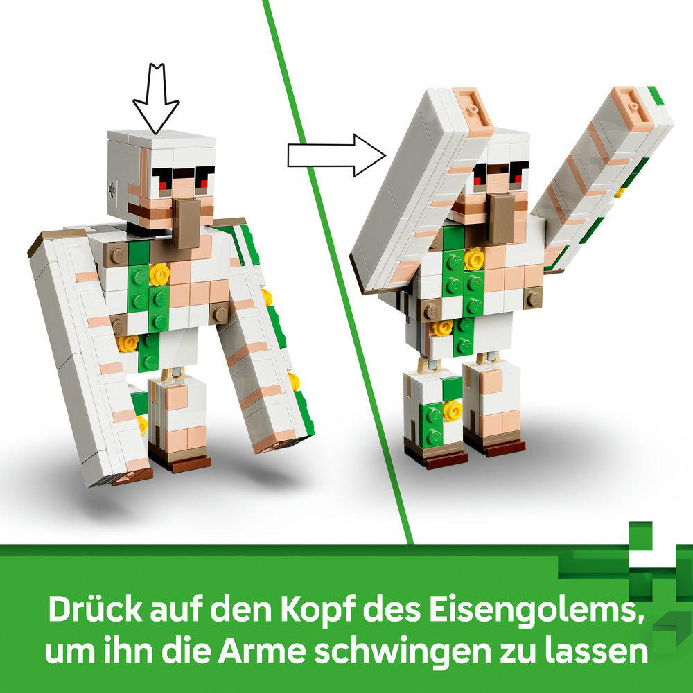 Zwei Minecraft-Eisengolems. Einer hat die Arme unten, der andere oben.