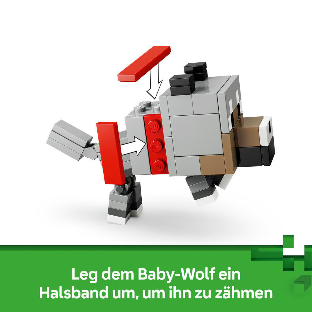 Ein grauer Lego-Wolf mit braunen Akzenten und einem roten Halsbandteil, das angebracht wird.