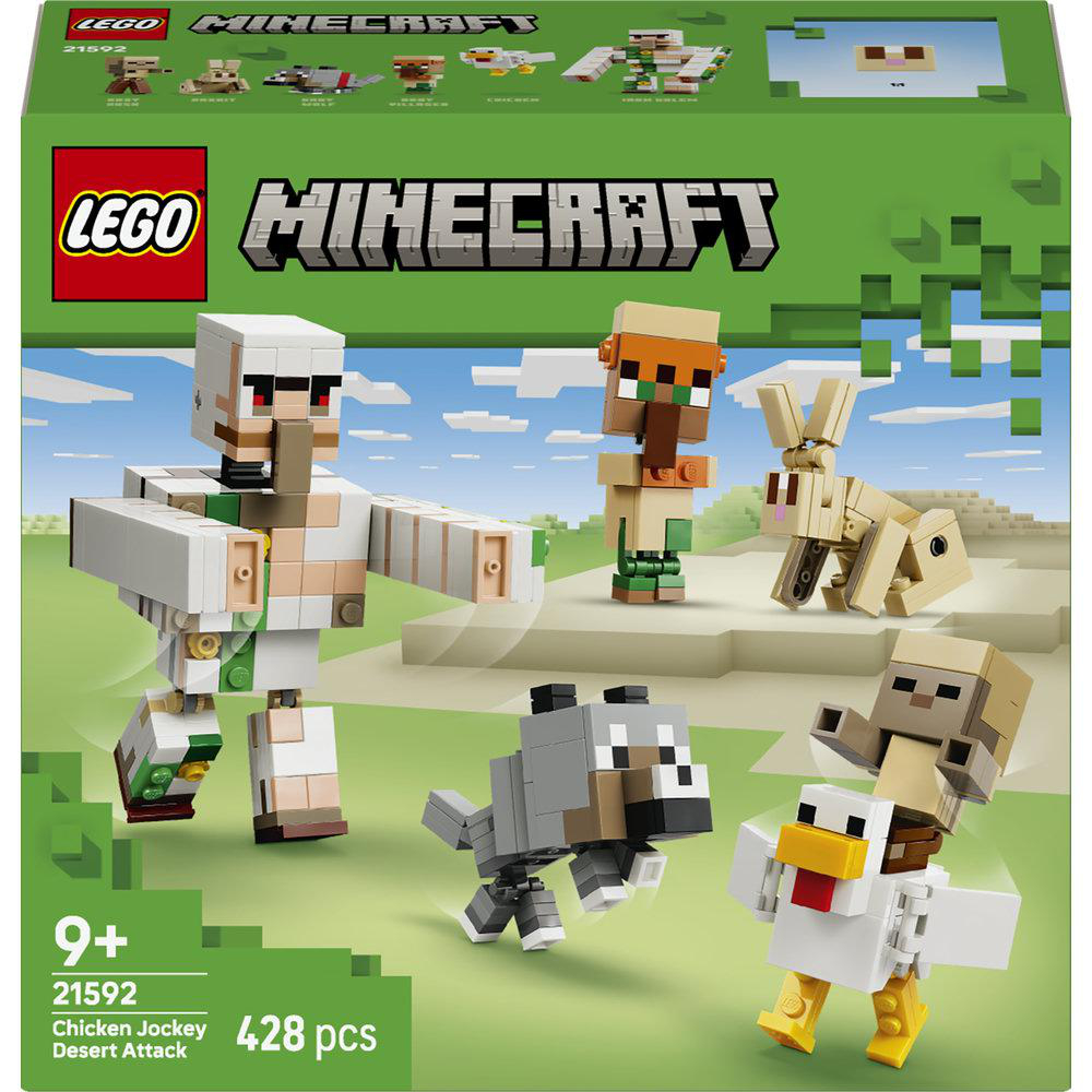 LEGO Minecraft Set mit Figuren: Eisengolem, Dorfbewohner, Hase, Wolf und Huhn.