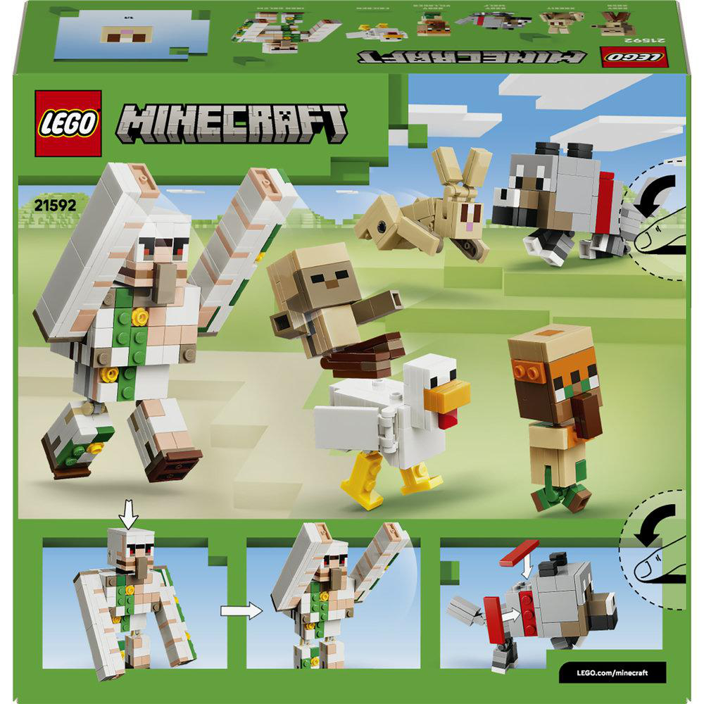 Lego Minecraft-Set mit Figuren: ein großer weißer Krieger, ein Huhn, ein brauner Dorfbewohner, ein Hase und ein Wolf.