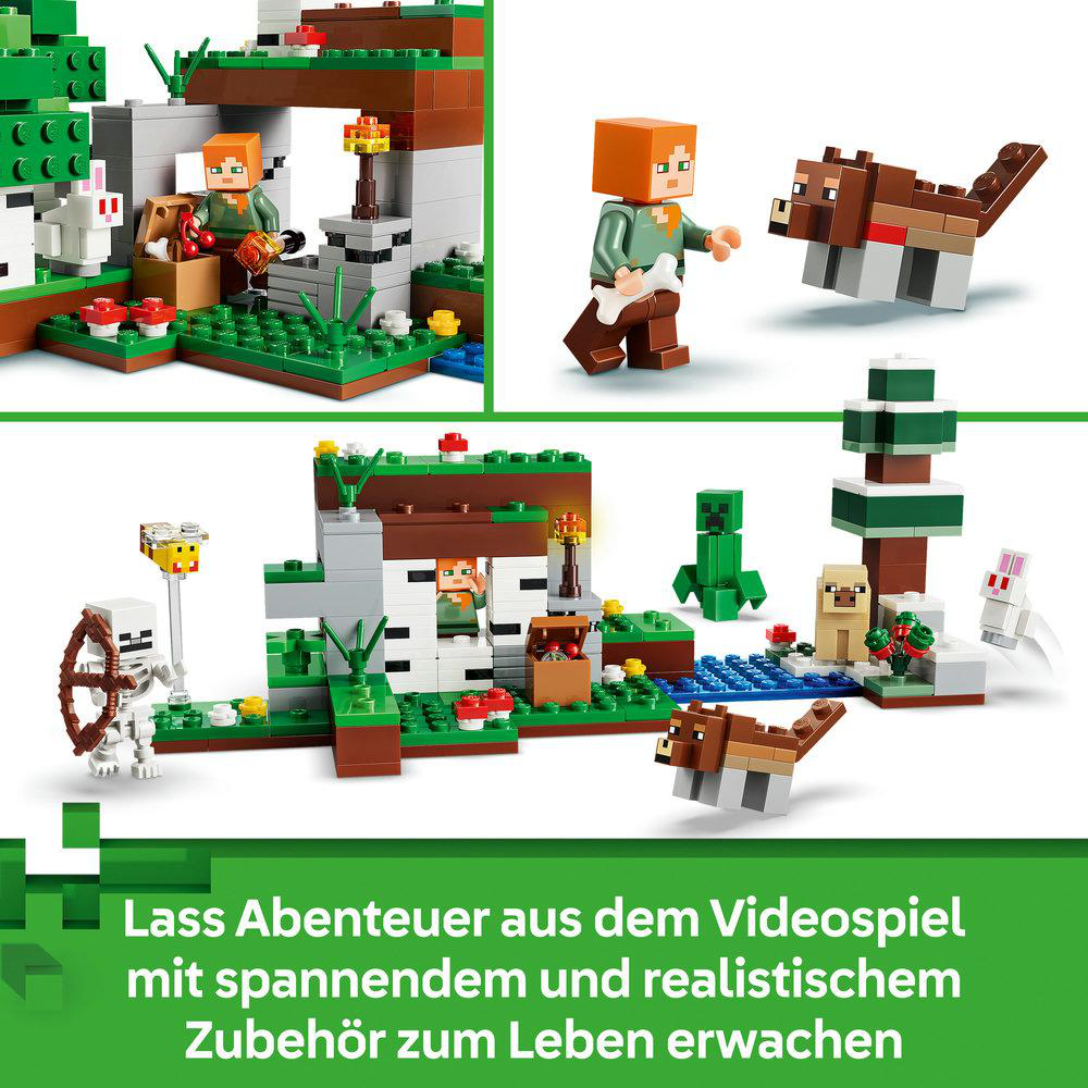 Minecraft Lego-Set mit Figuren, Tieren und baubaren Szenen.