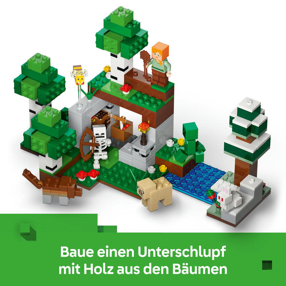 Ein Lego-Minecraft-Spielset mit Figuren, Bäumen, Tieren und einem Wasserfall.