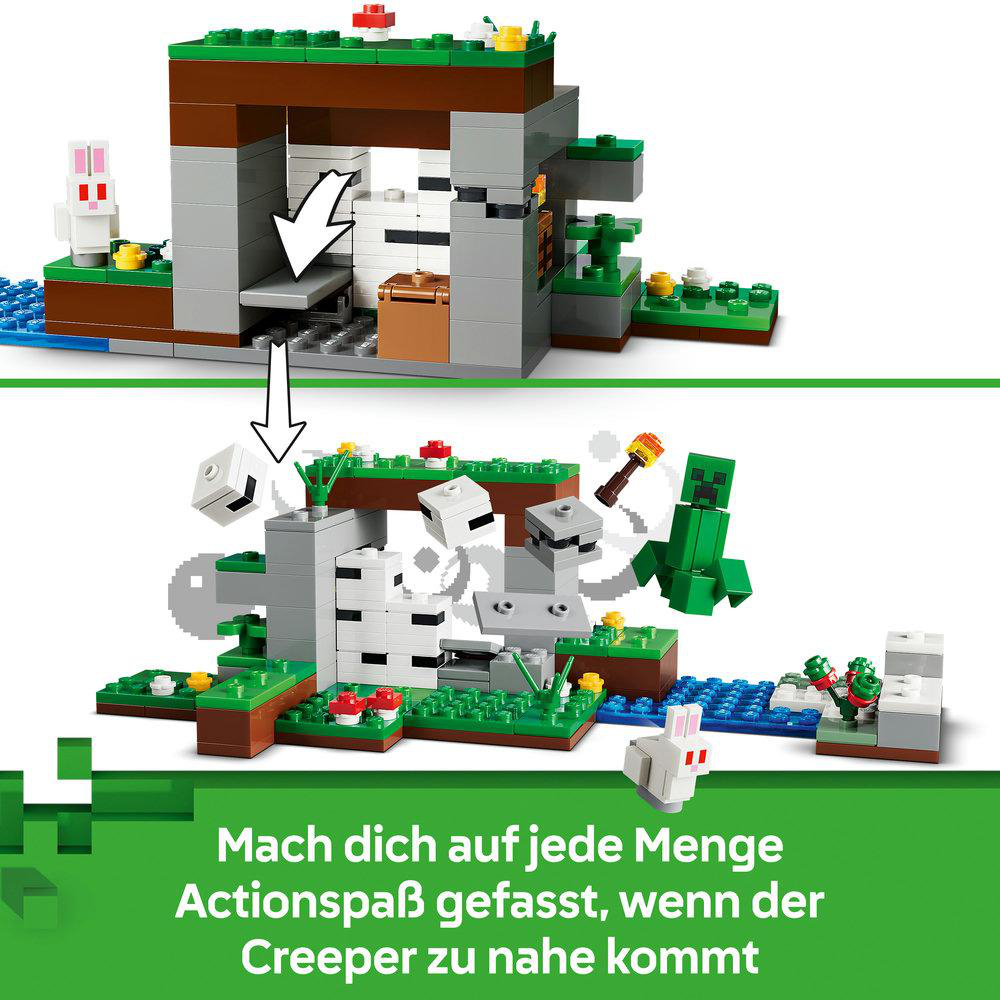 Minecraft LEGO-Szene mit Creeper und Hasenfiguren. Action-Spaß!