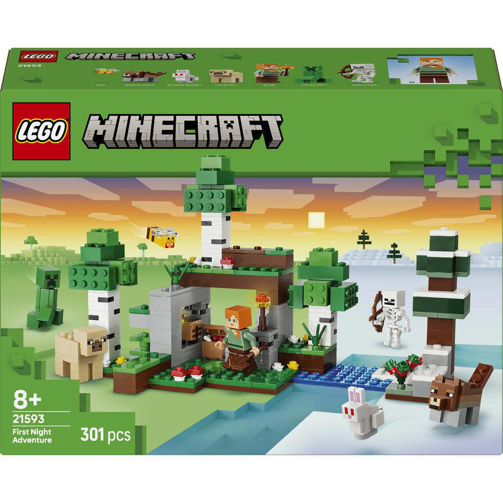 LEGO Minecraft Set mit Figuren, Bäumen, Haus und Tieren auf Eis.