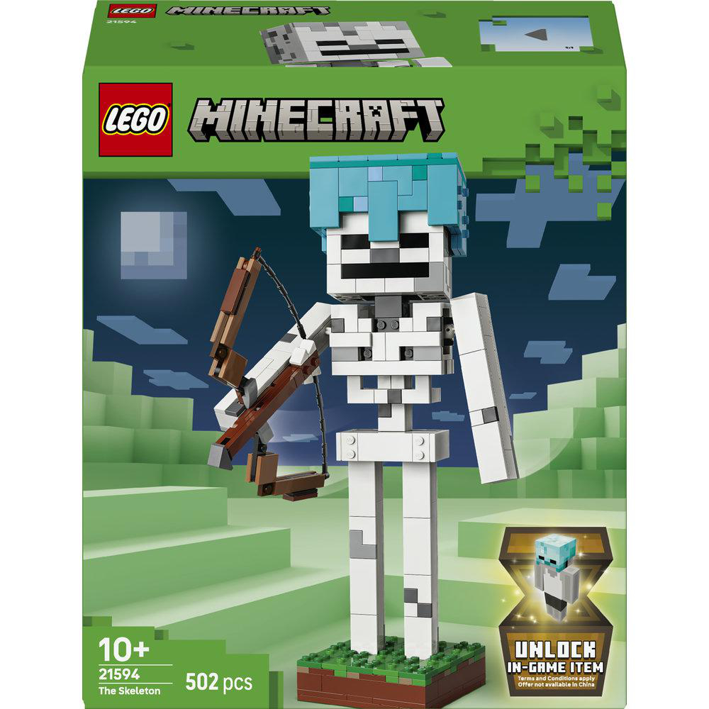 LEGO Minecraft Skelett-Bausatz mit Bogen und Pfeil auf einer grünen Basis.