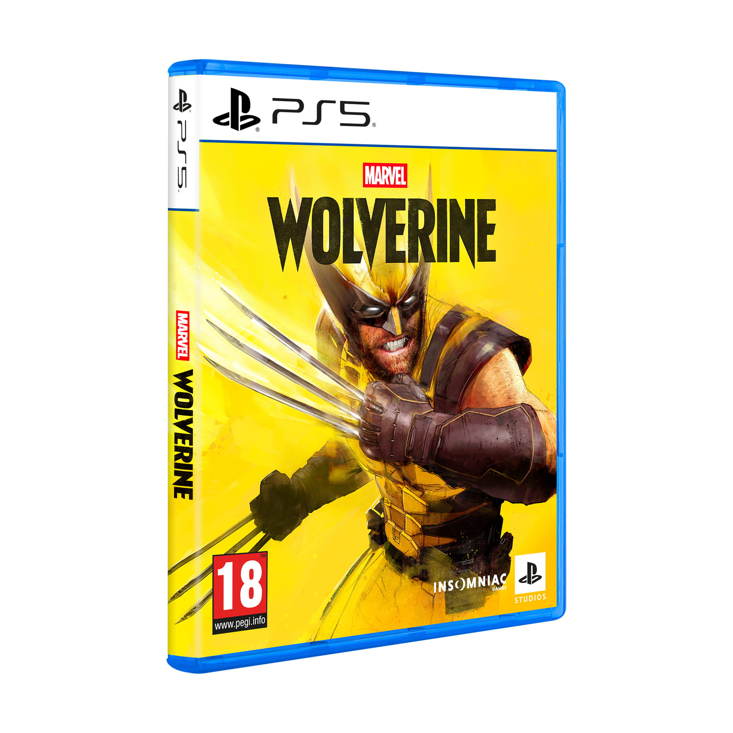 Custodia del gioco Marvel's Wolverine per PS5 con Wolverine in combattimento, sfondo giallo.