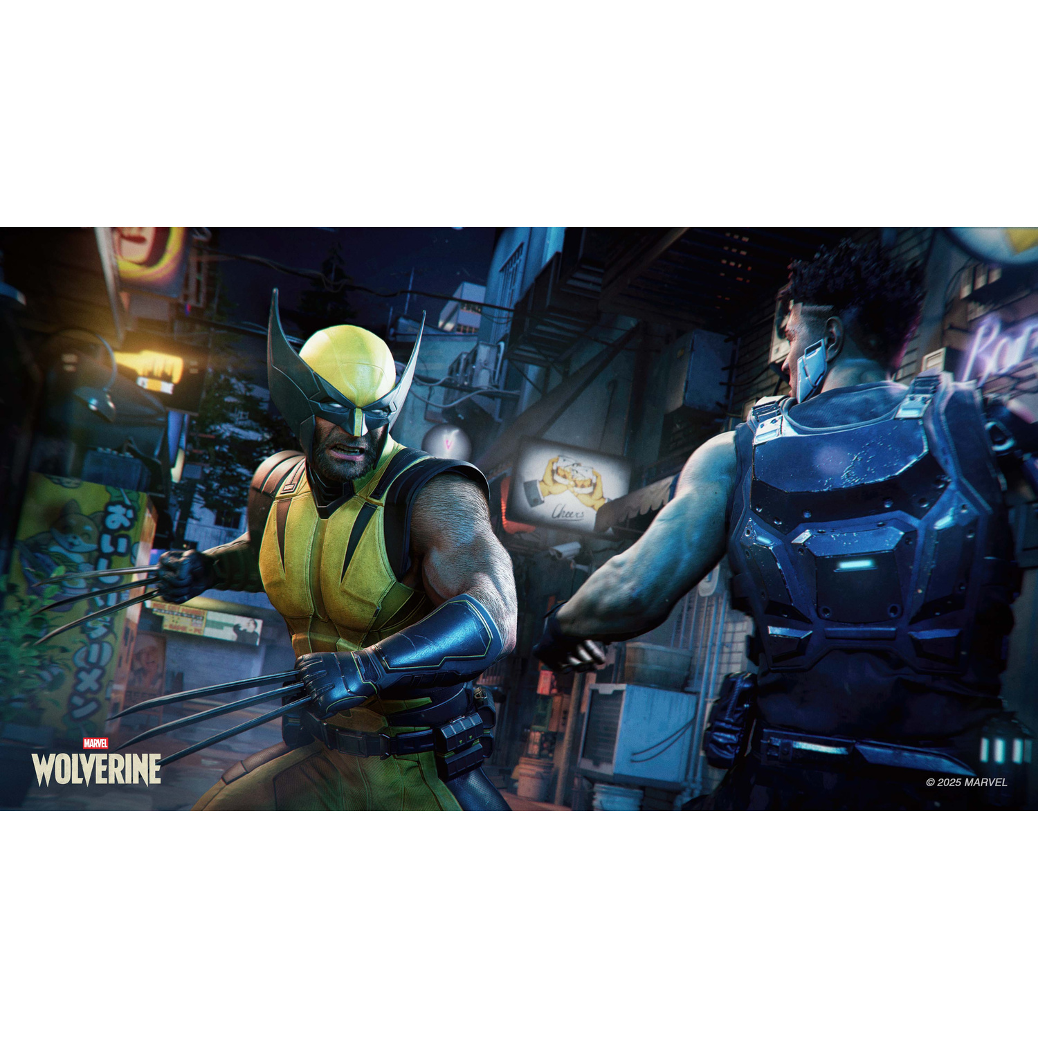 Wolverine con artigli in tuta gialla e nera combatte un avversario in armatura scura.