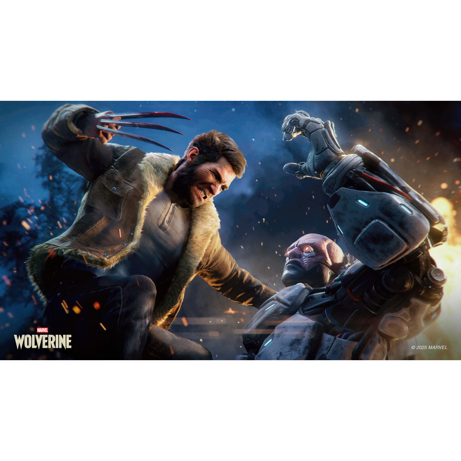 Wolverine con gli artigli attacca un nemico robotico in un ambiente oscuro e infuocato.