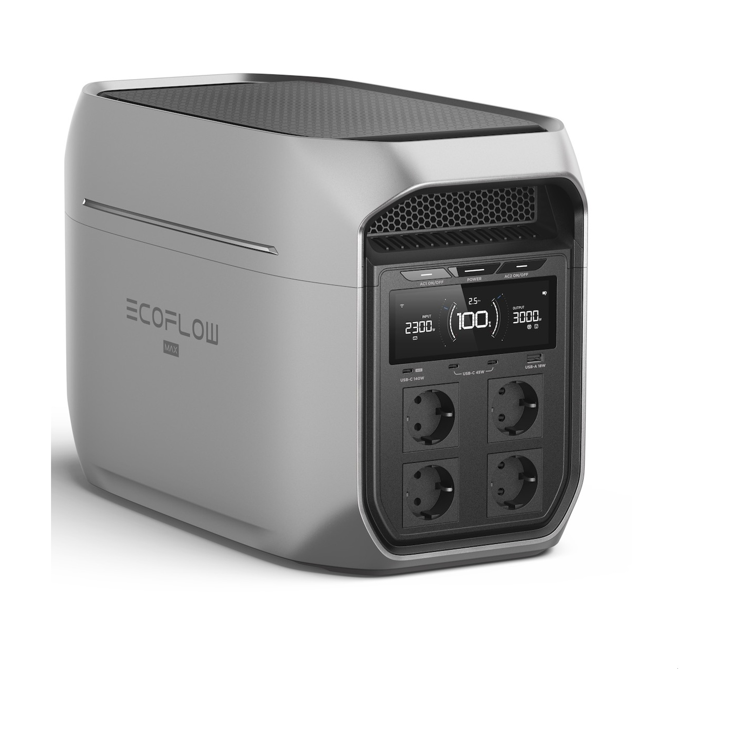 Stazione di alimentazione portatile EcoFlow Max argentata con schermo che mostra input, output e percentuale batteria.