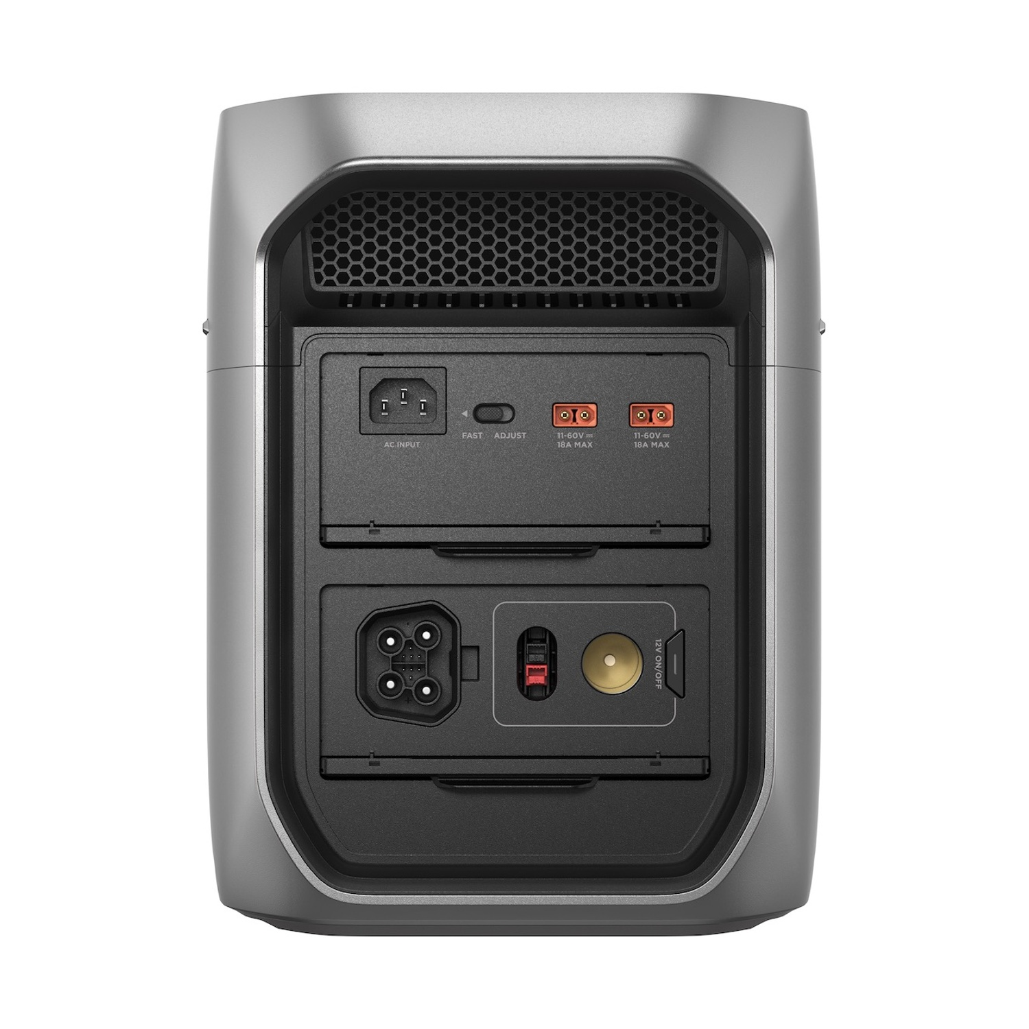 Retro di un dispositivo grigio con porte AC IN, 2x DC IN e 1x DC OUT.