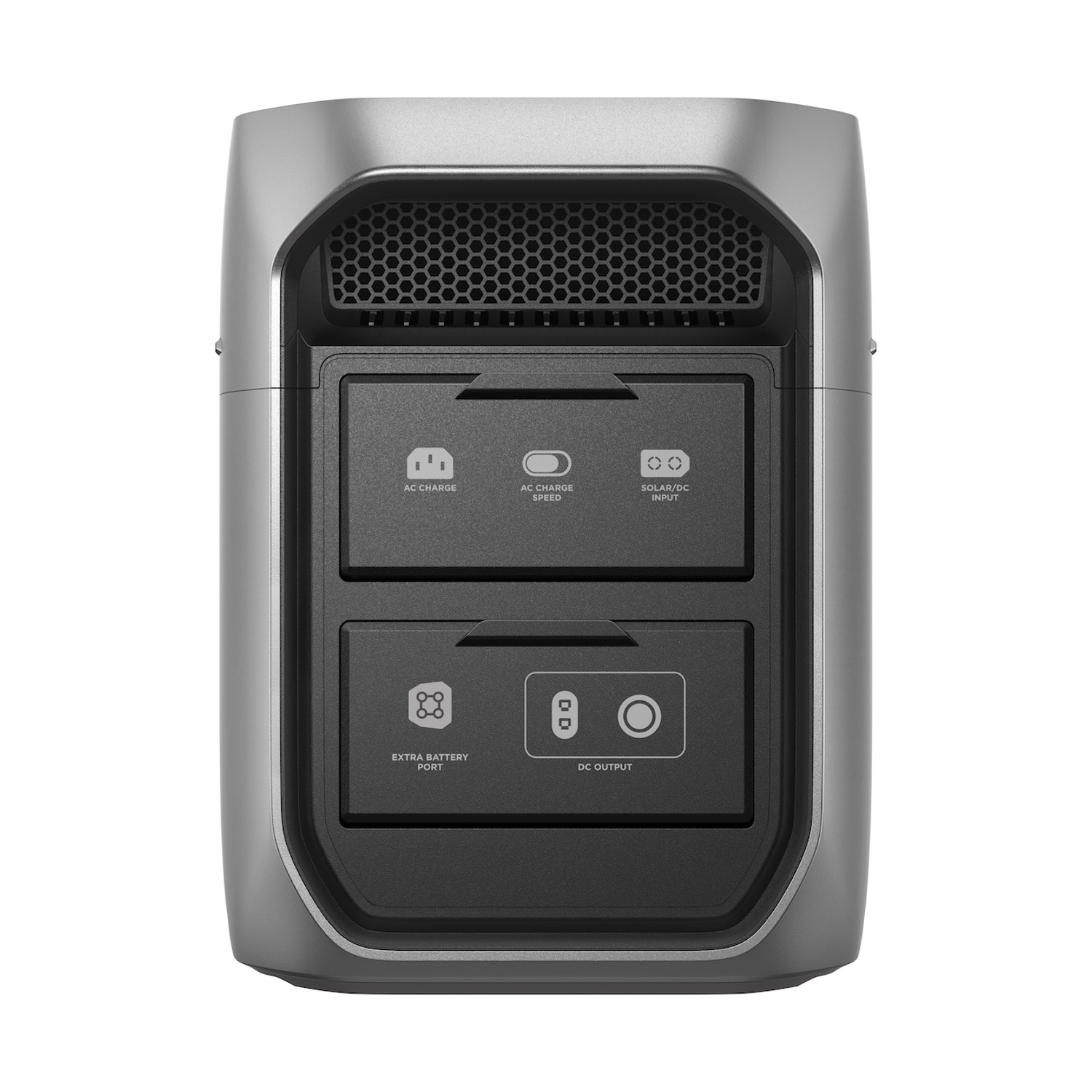 Centrale elettrica grigia con porte AC, Solar/DC, batteria extra e uscita DC.