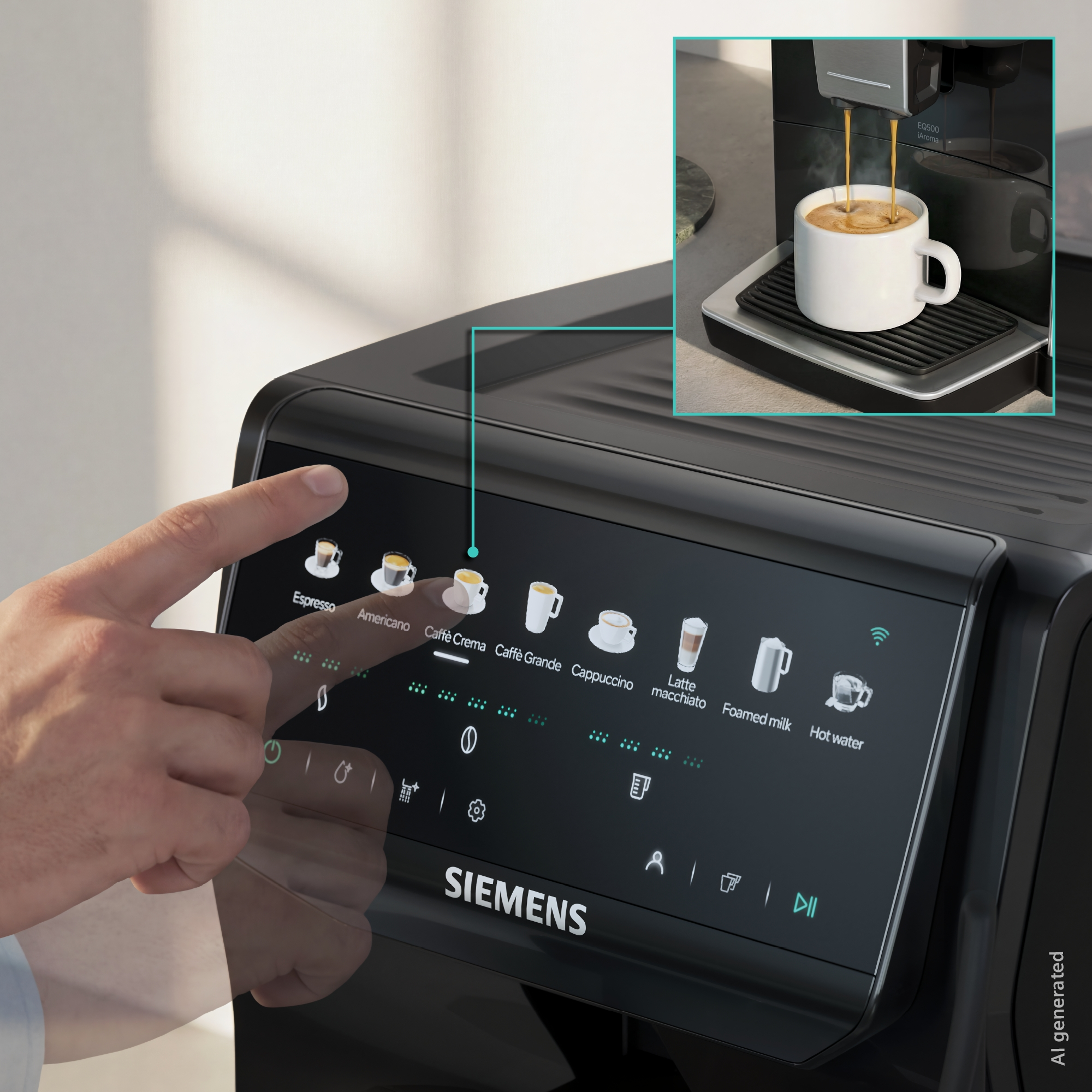 Finger wählt ein Getränk auf einem Siemens-Kaffeevollautomaten-Touchscreen. Kaffee brüht in eine Tasse.
