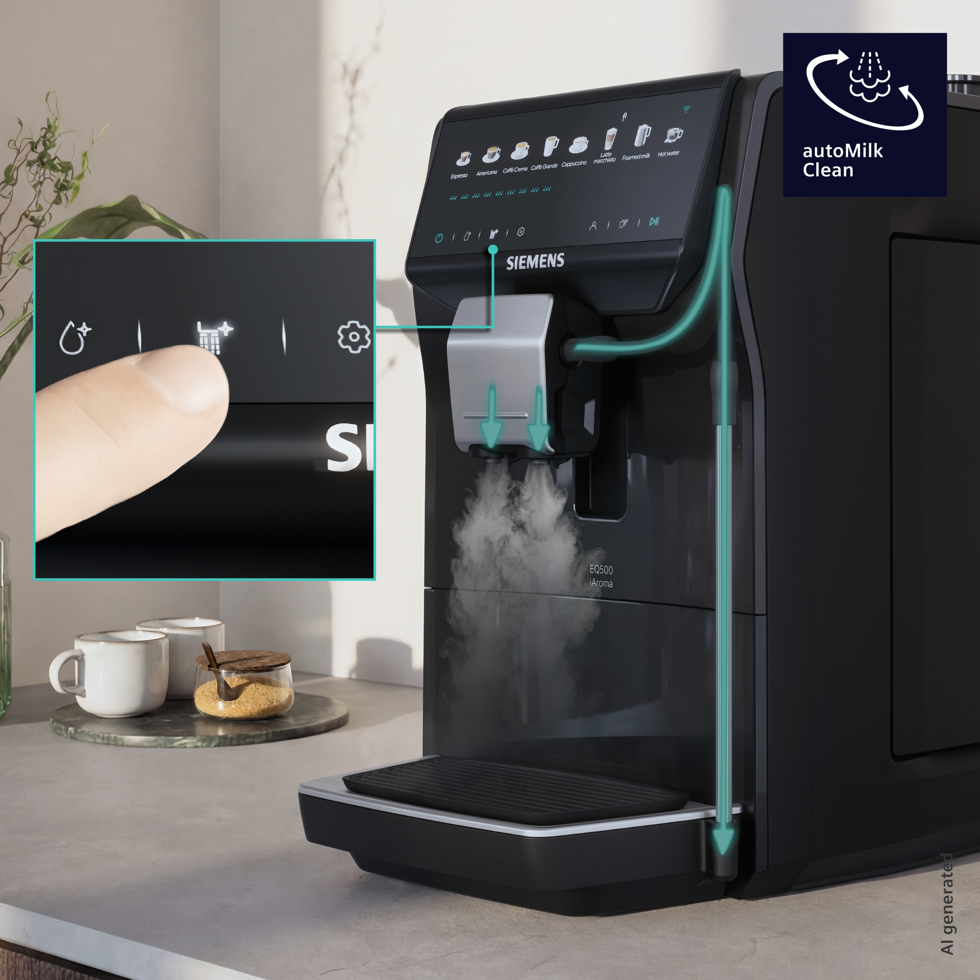 Eine schwarze Siemens Kaffeemaschine mit Touchscreen, Dampf und einem Finger, der eine Taste drückt.