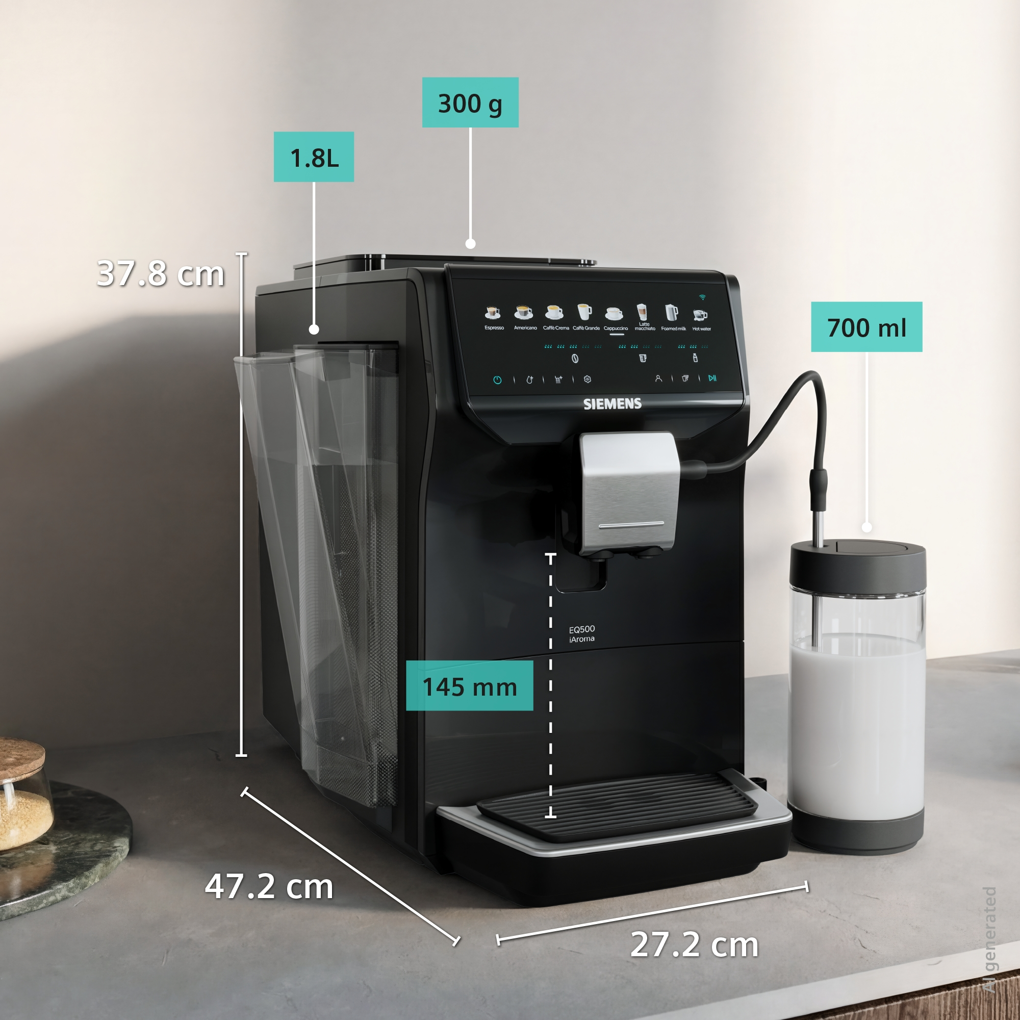 Schwarze Siemens EQ500 iAroma Kaffeemaschine mit Milchbehälter. Maße: 47,2x37,8x27,2 cm.