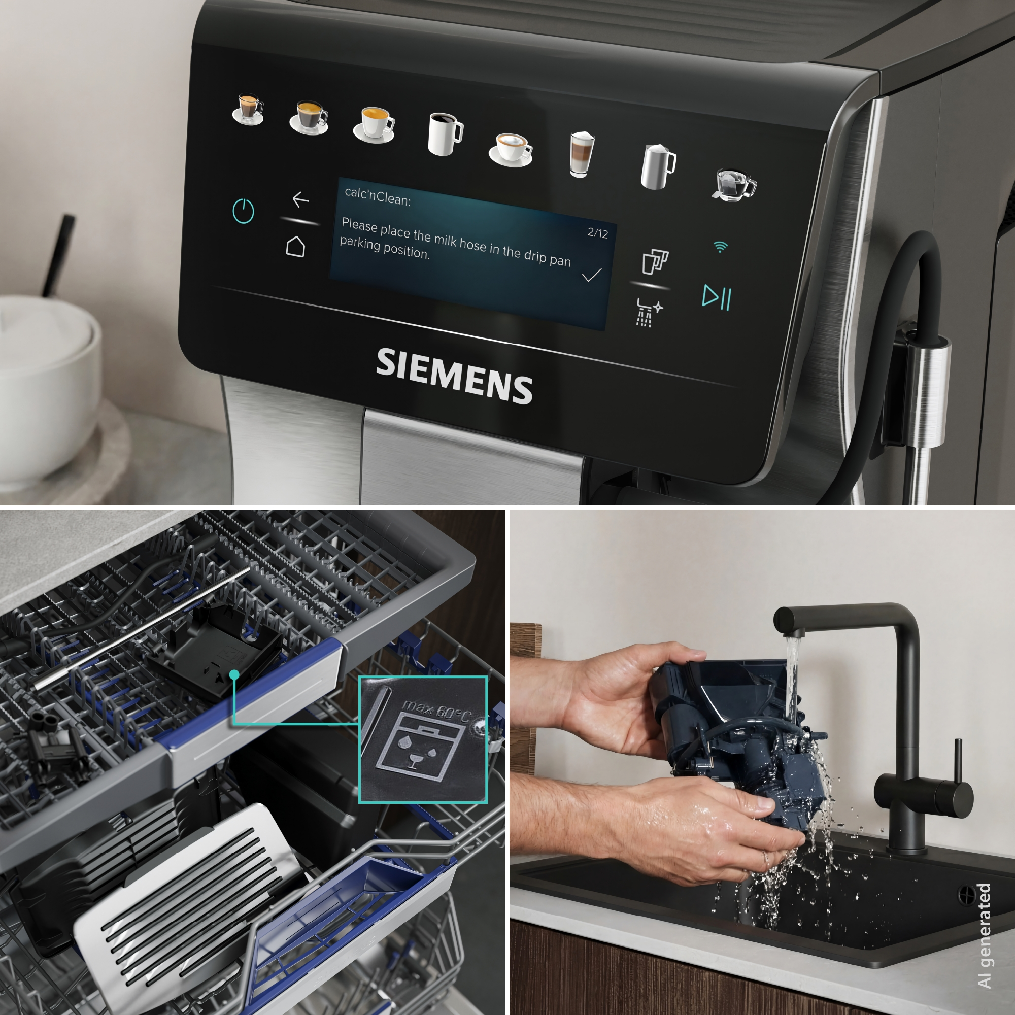 Kaffeemaschine mit Display, Geschirrspüler und Wasserhahn mit Teilreinigung.