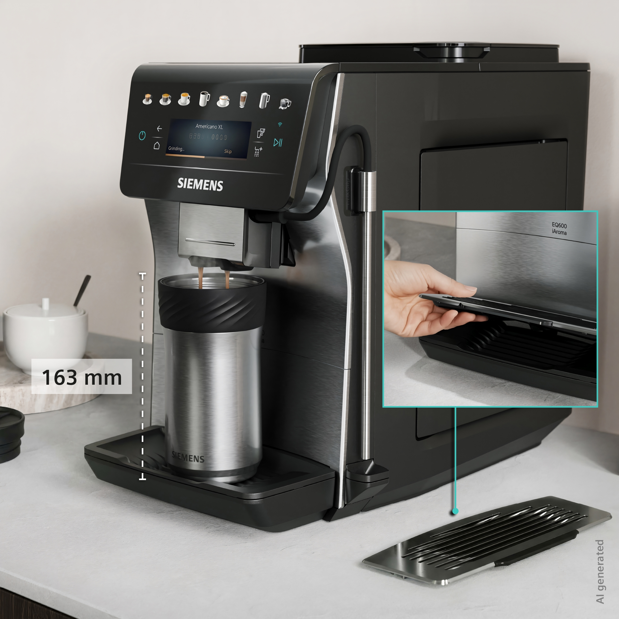 Siemens Kaffeevollautomat mit Siebträger, 163 mm Höhe, bereitet Americano XL zu.