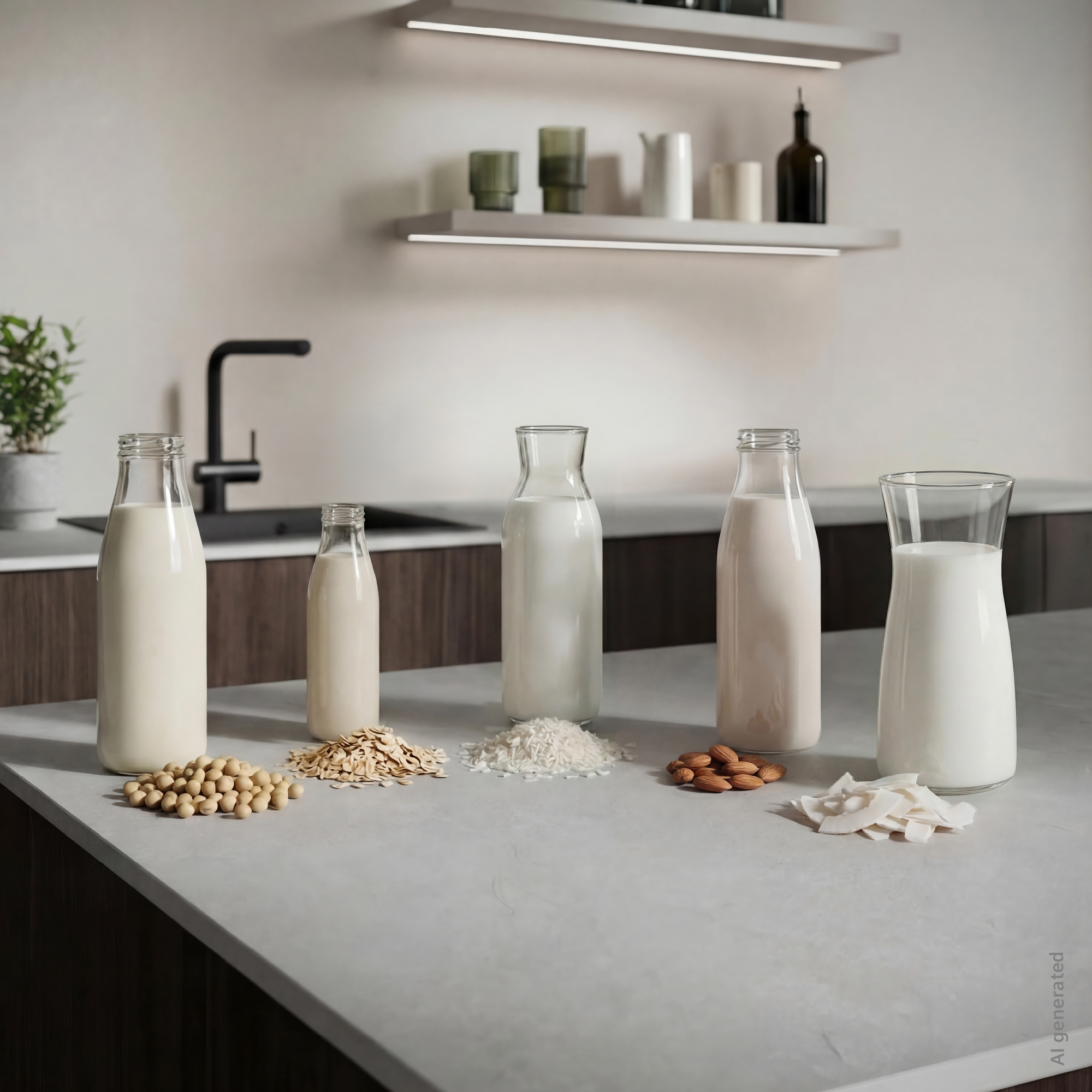 Fünf Flaschen pflanzliche Milch auf einer Arbeitsplatte mit Sojabohnen, Haferflocken, Reis, Mandeln und Kokosnuss.