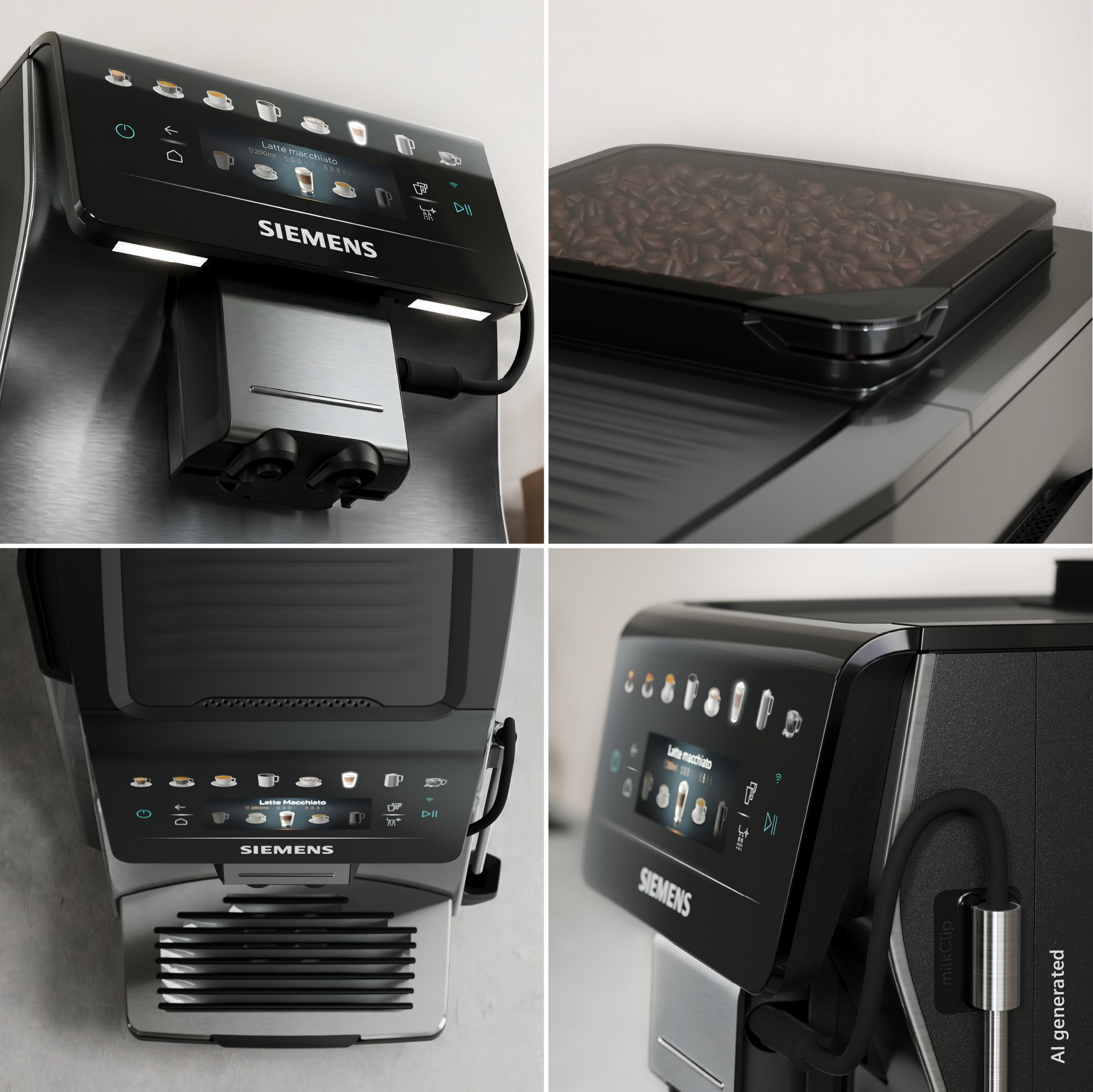 Kaffeemaschine mit Touchscreen-Display und Bohnenbehälter.