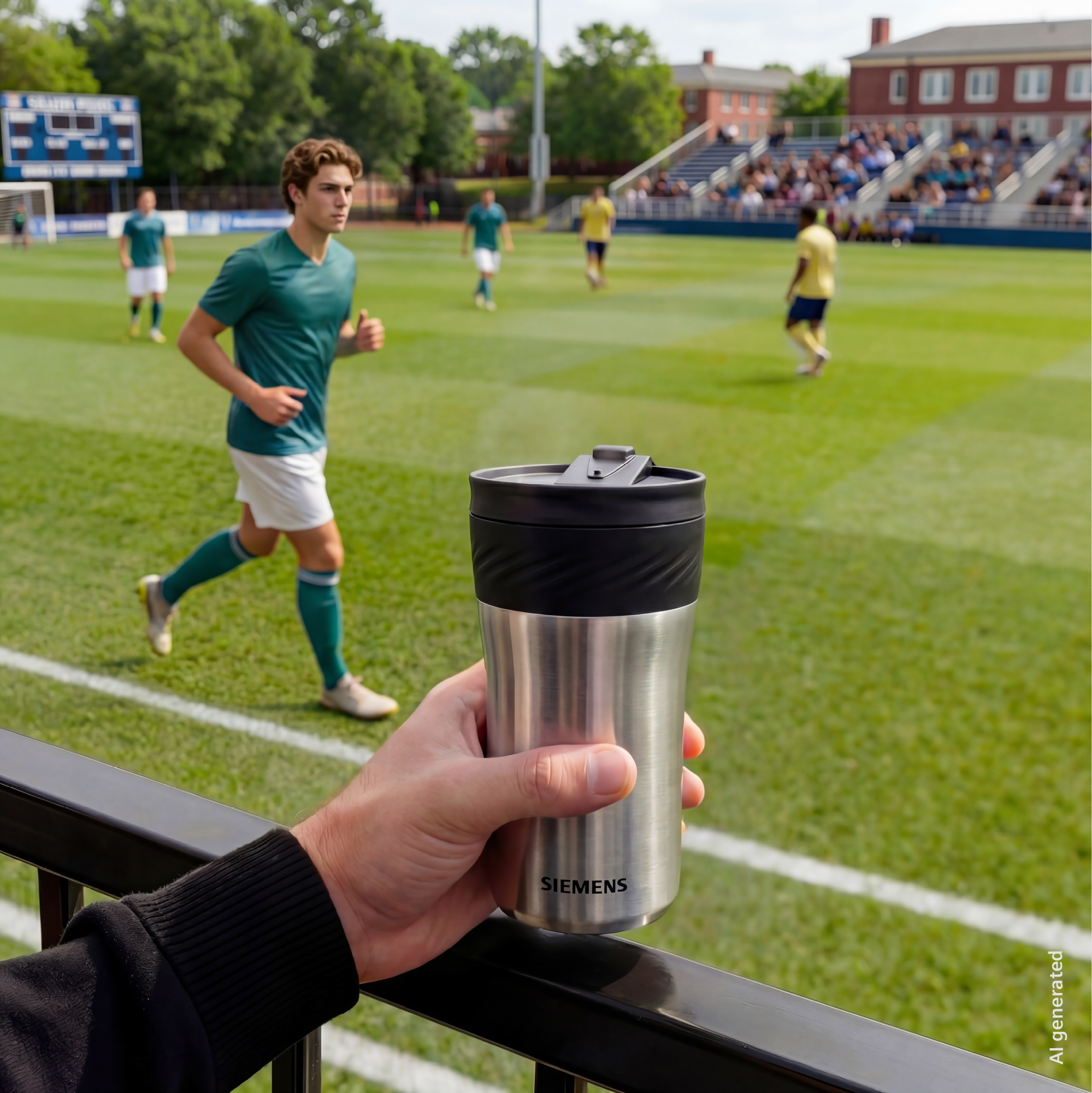 Ein Mann hält eine Siemens-Tasse vor einem Fußballfeld mit spielenden Spielern.