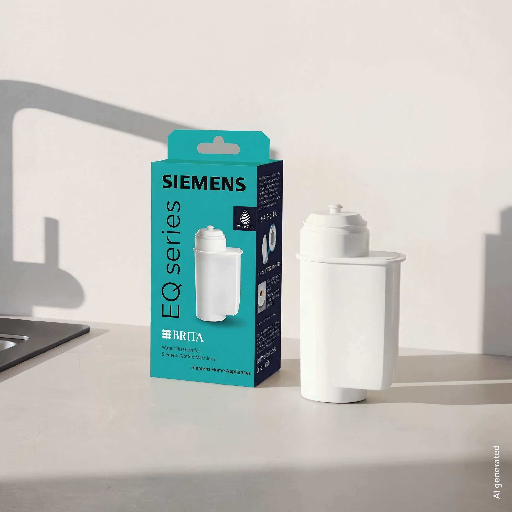 Siemens EQ Serie Wasserfilter-Packung mit einem weißen Filter daneben.