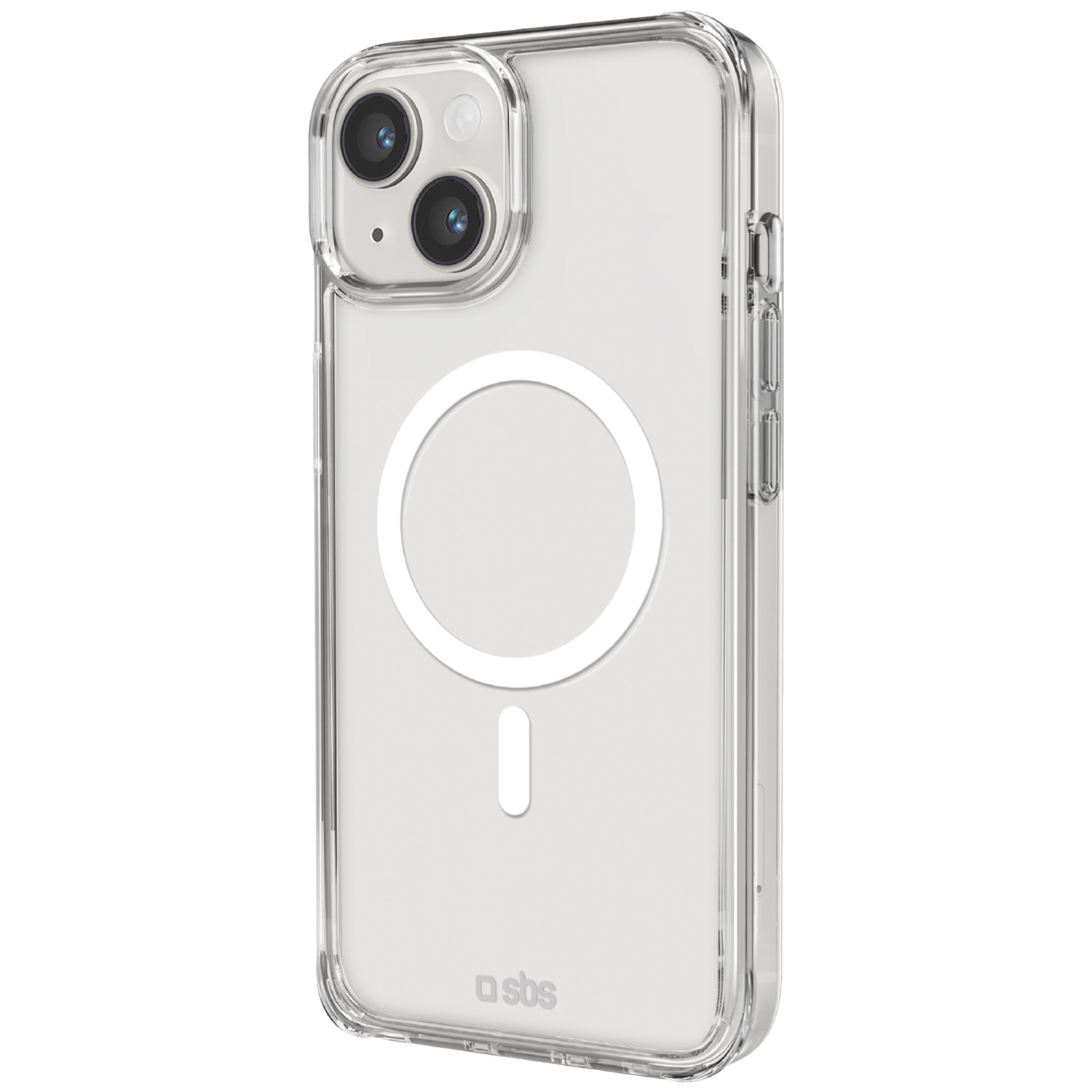 Doorzichtige telefoonhoes met witte MagSafe-ring en SBS-logo.