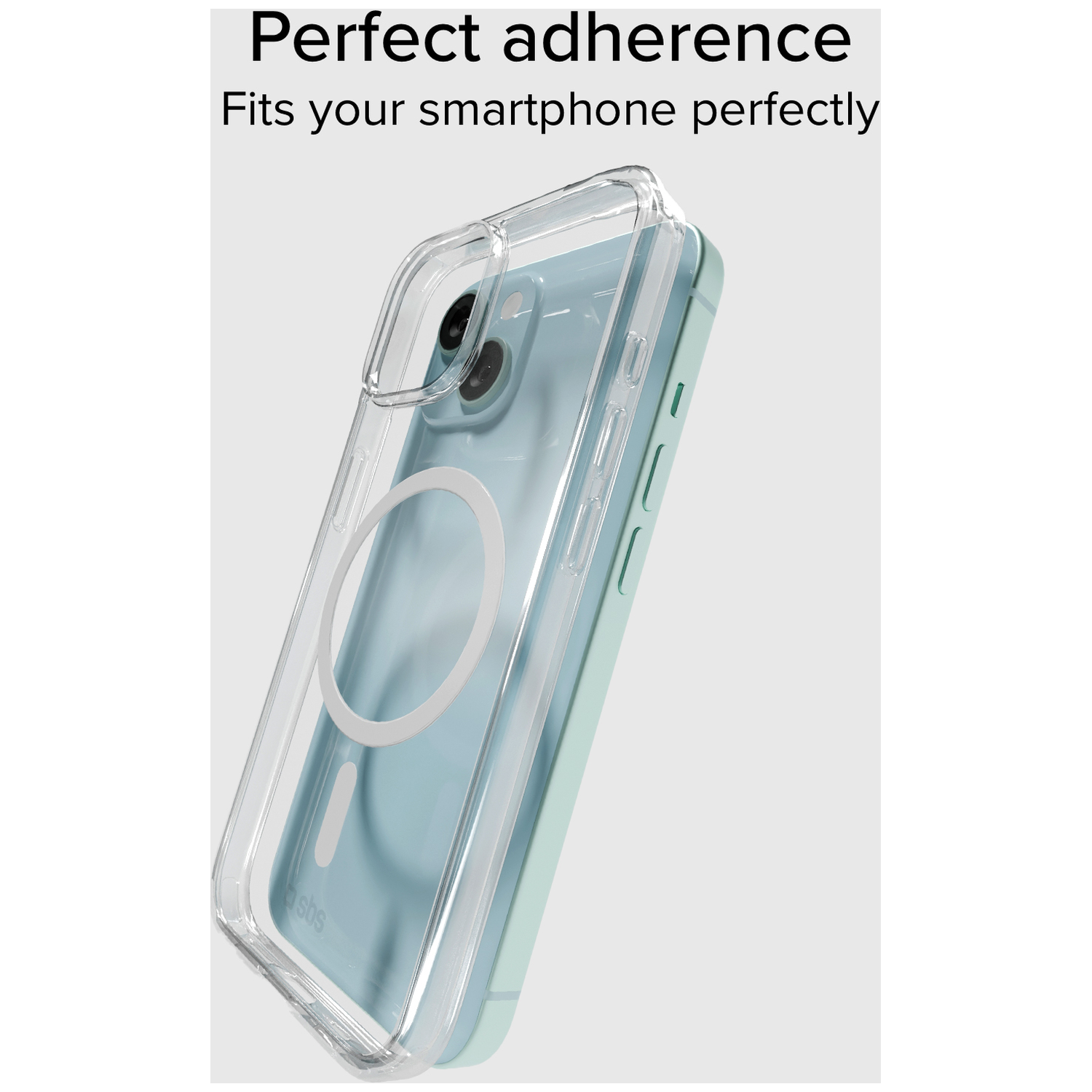 Een doorzichtige telefoonhoes ligt op een lichtblauwe smartphone.
