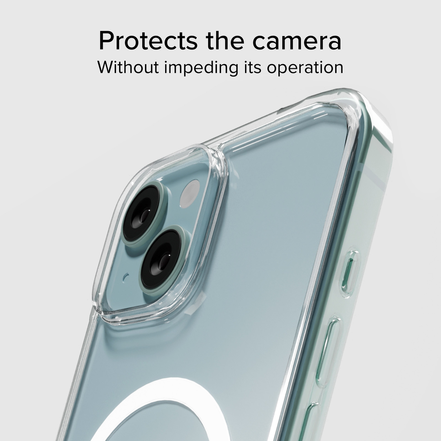 Doorzichtig telefoonhoesje beschermt camera en knoppen van een blauwe iPhone.
