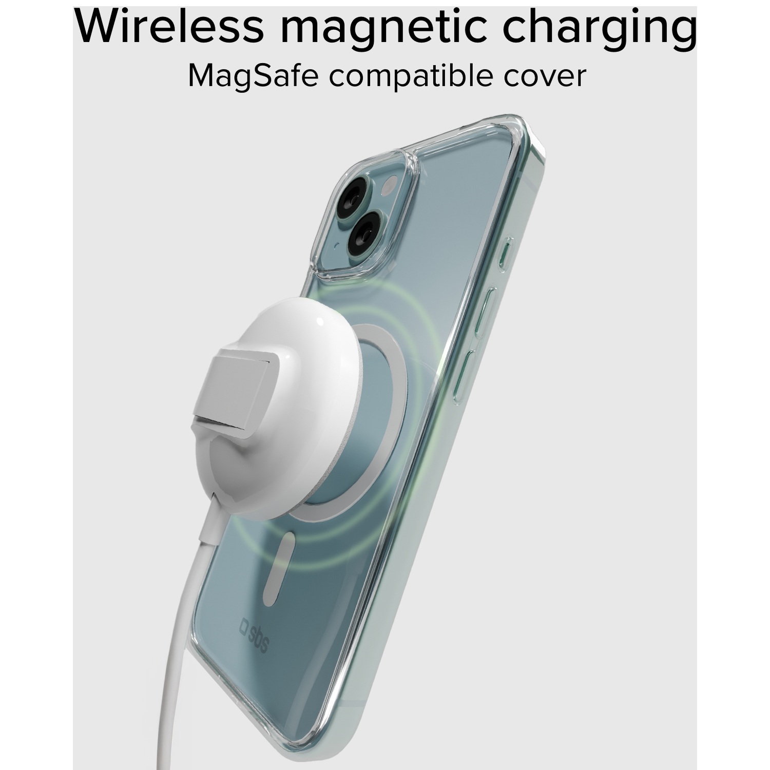 Een witte MagSafe-oplader laadt een transparante iPhone-hoes op.