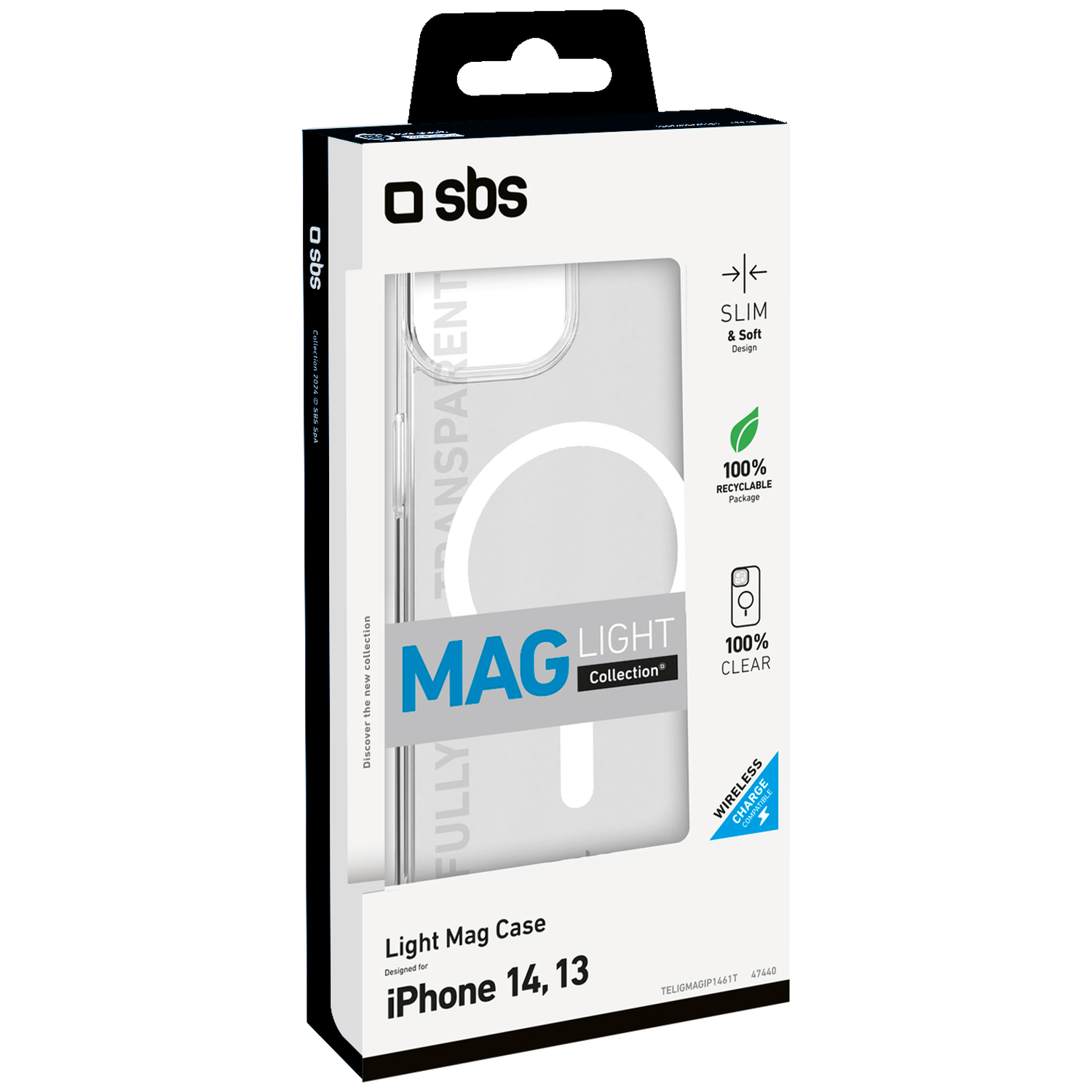 Verpakking voor een doorzichtige iPhone 14, 13 MagSafe hoes met SBS-logo.