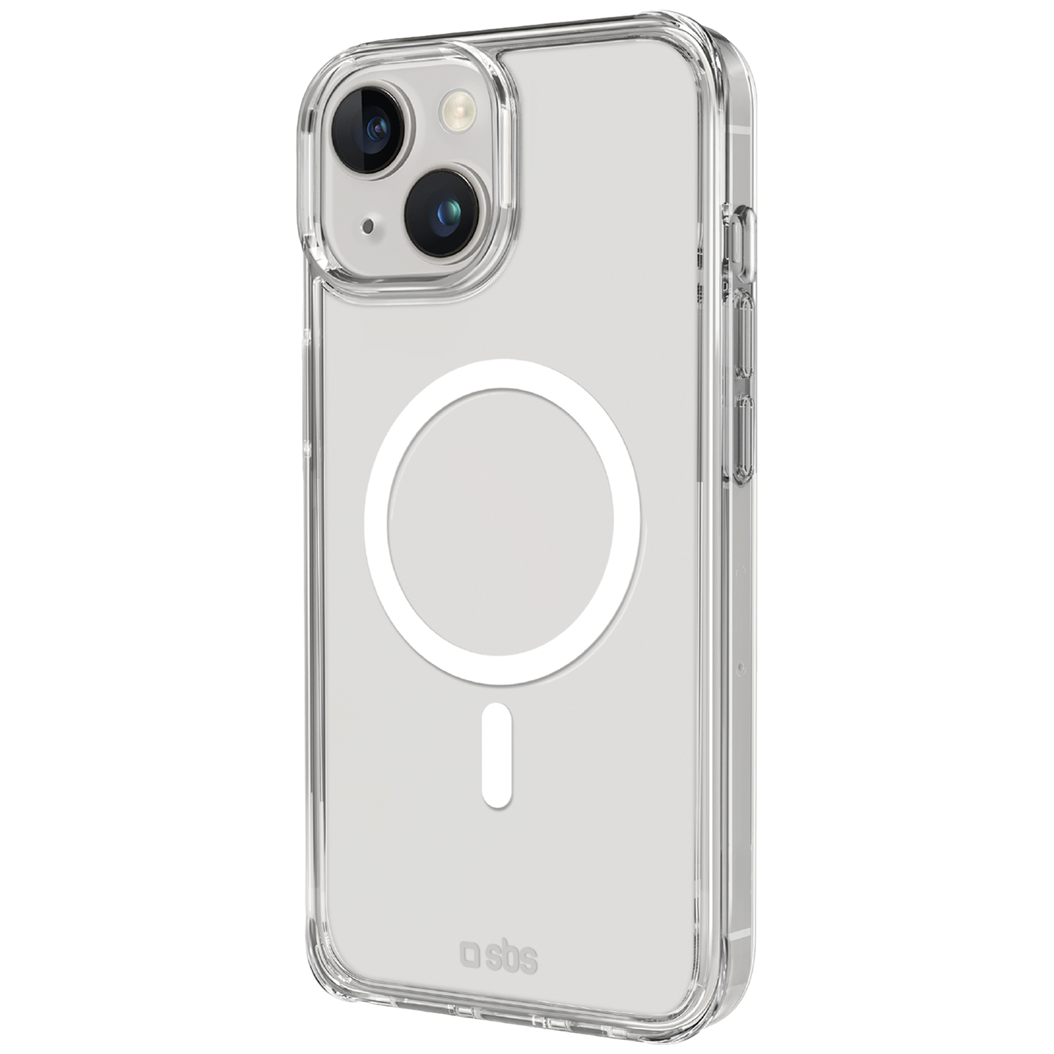 Transparante telefoonhoes met twee cameralenzen en een witte cirkel.