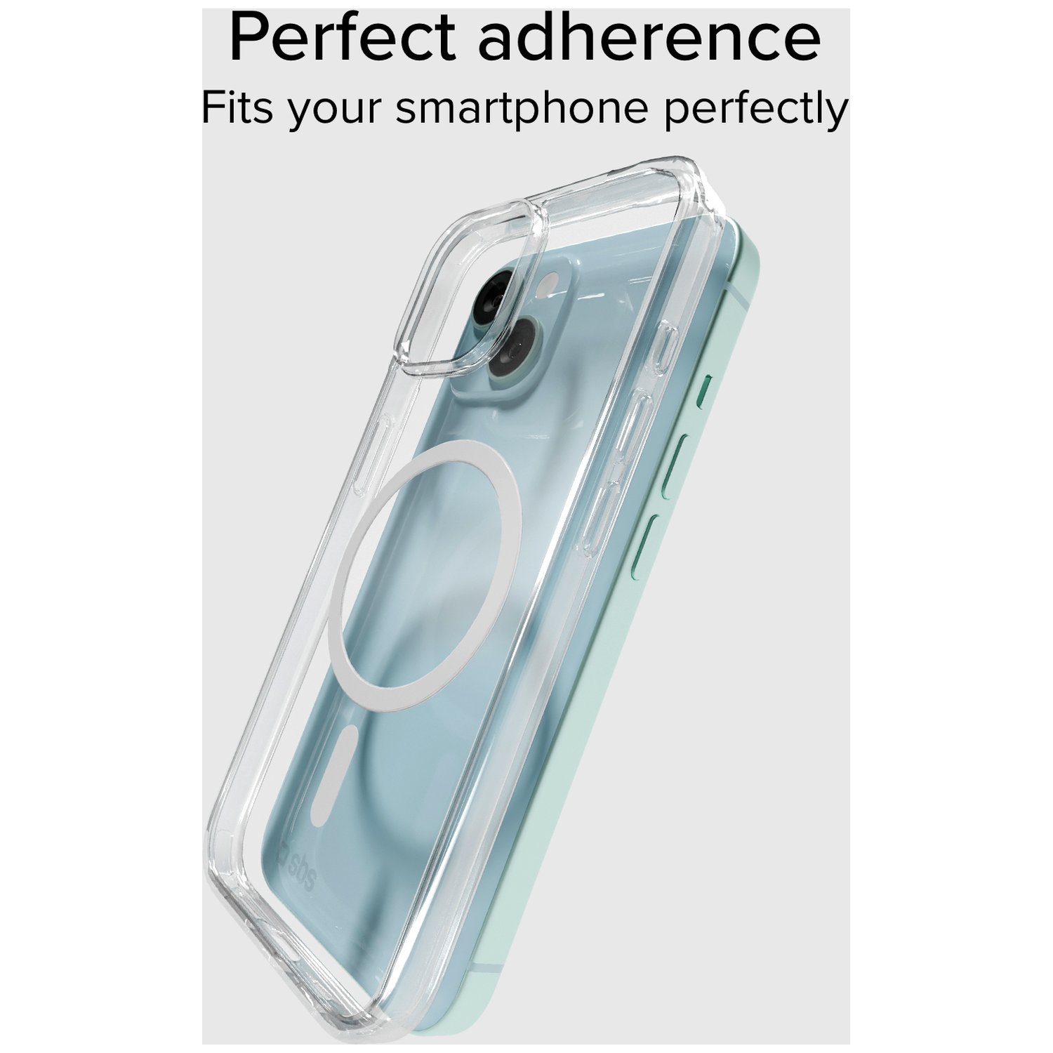 Een doorzichtige hoes past perfect om een lichtblauwe smartphone.