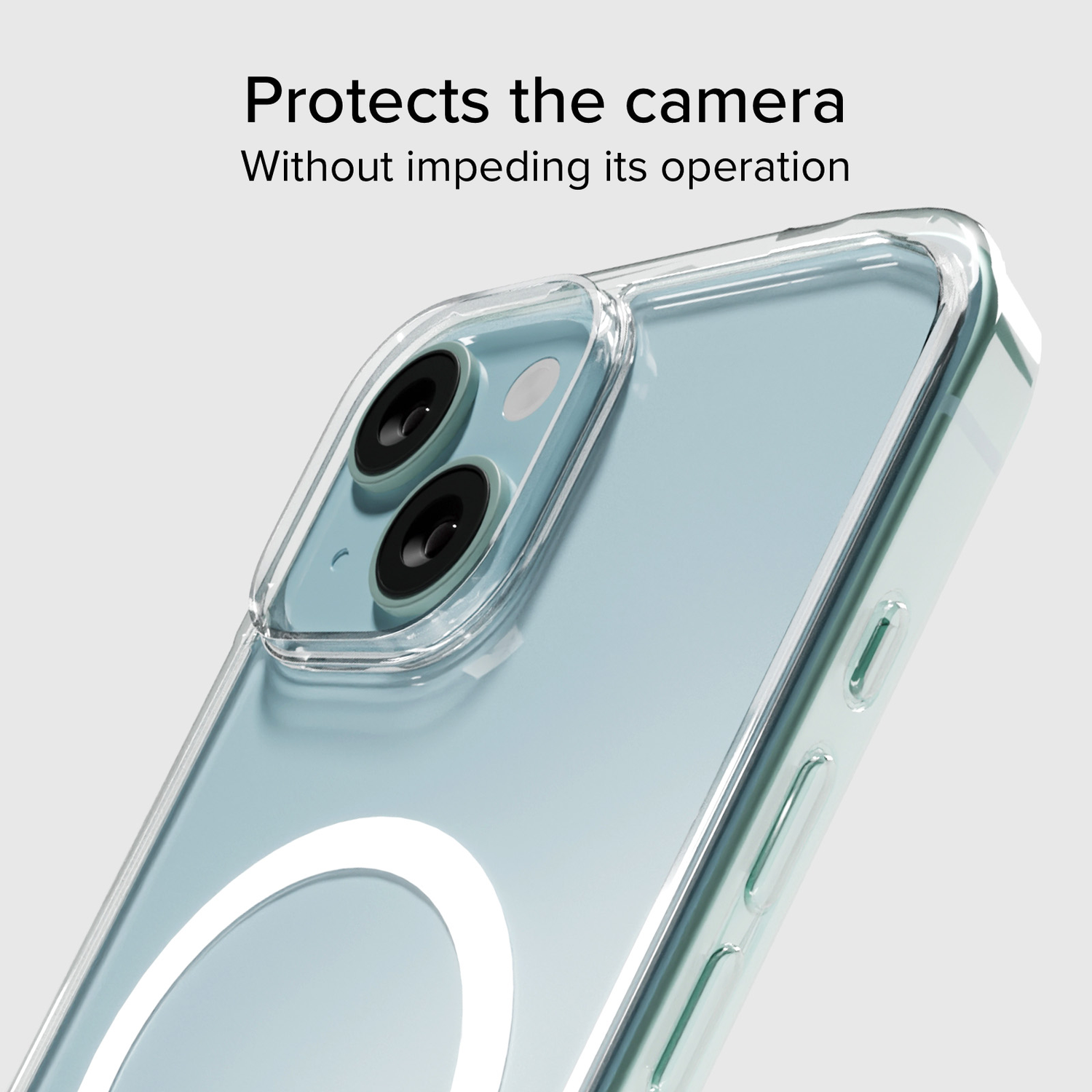 Doorzichtige hoes beschermt camera en knoppen zonder de werking te belemmeren.