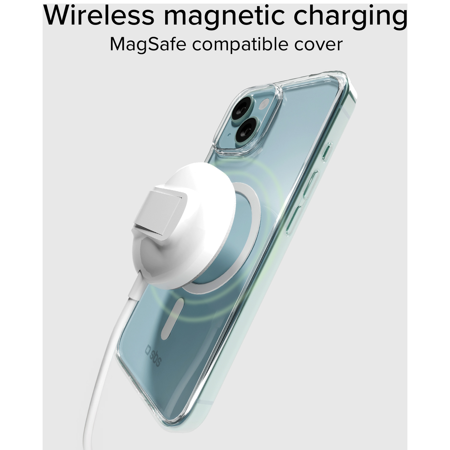 Een transparante telefoonhoes met een witte magnetische oplader bevestigd aan de telefoon.