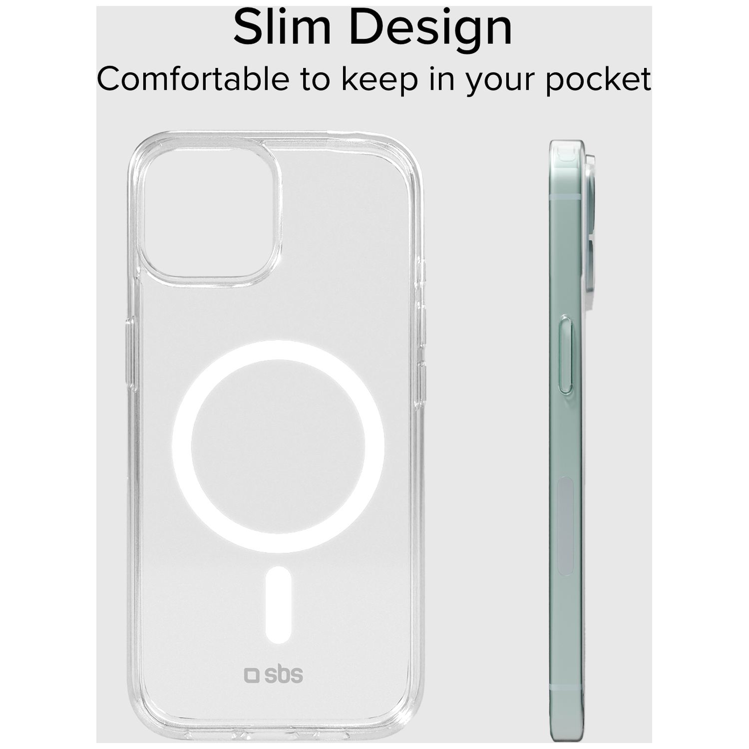 Doorzichtige telefoonhoes met MagSafe-ring en ernaast een groene telefoon.