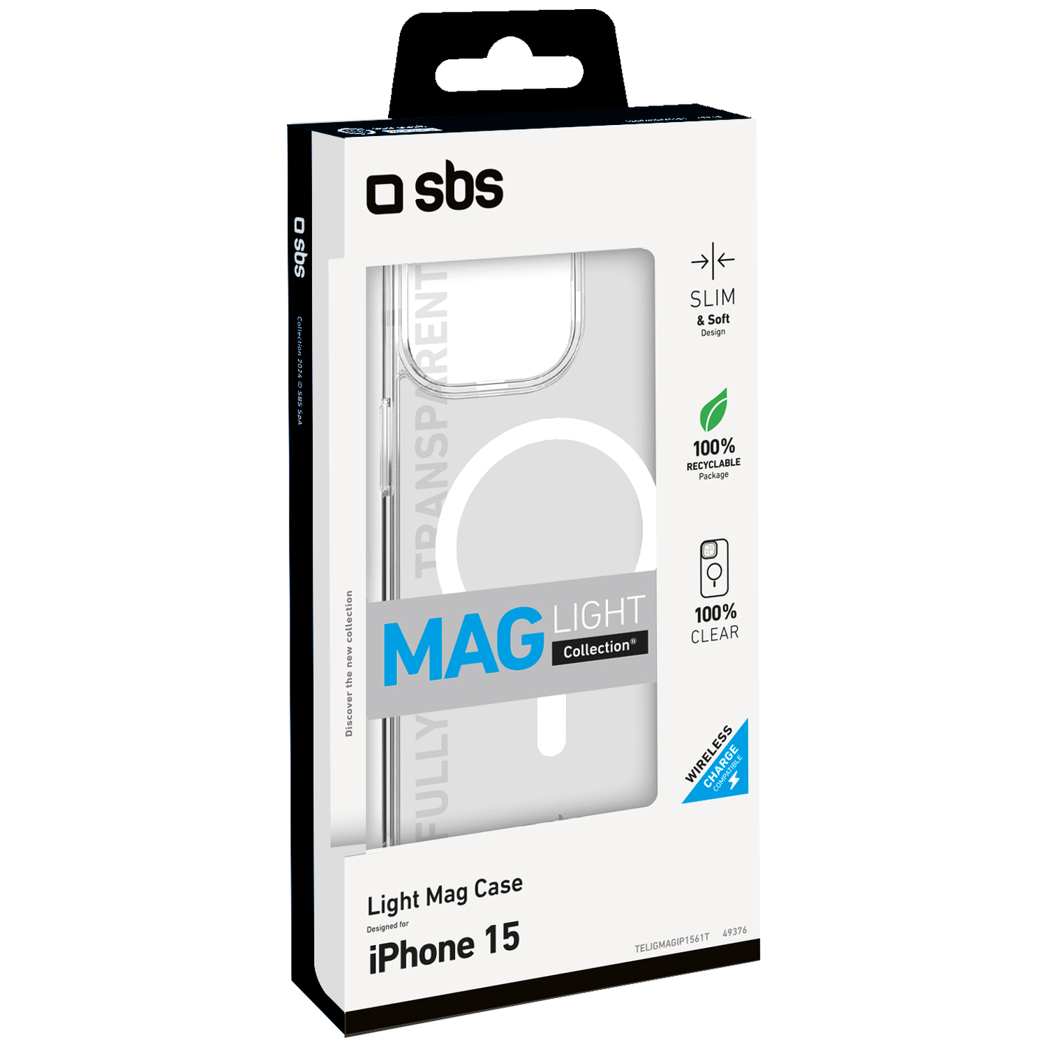 SBS verpakking voor iPhone 15 Light Mag Case, transparant, slank, recyclebaar.