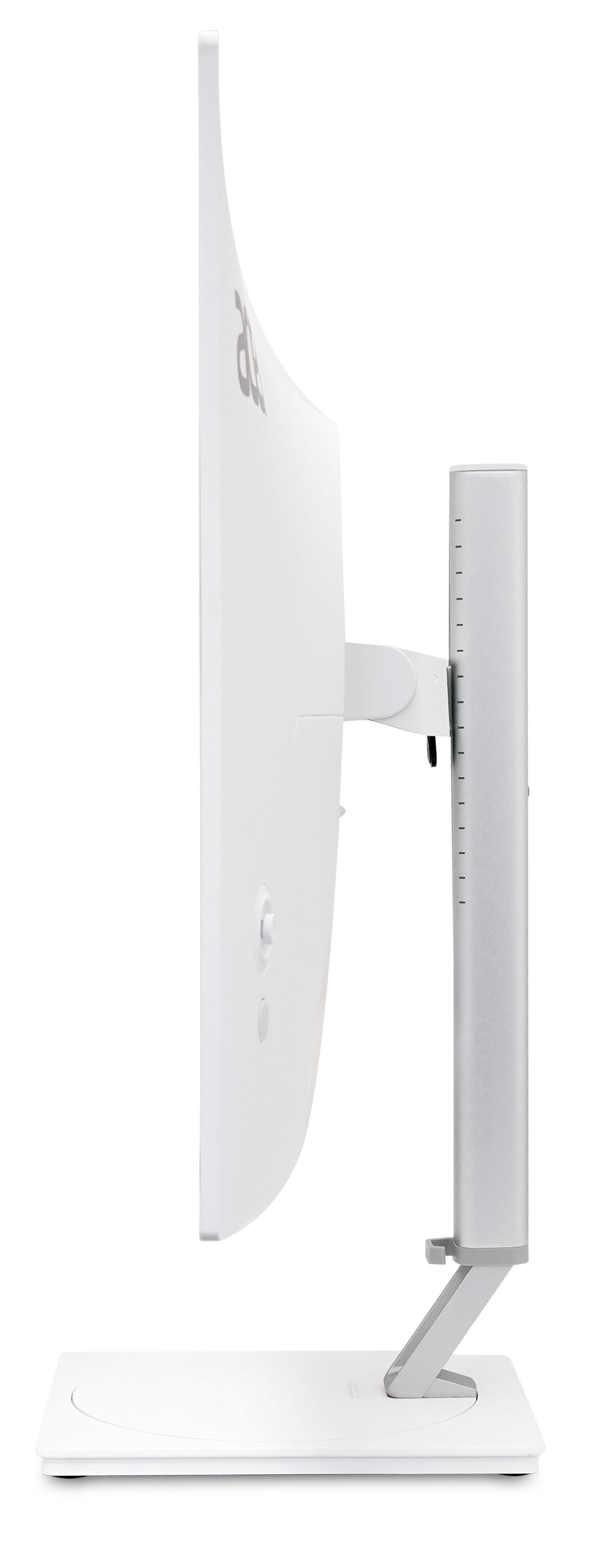 Weiße Computermonitor-Rückseite mit silbernem Ständer, von der Seite gesehen.