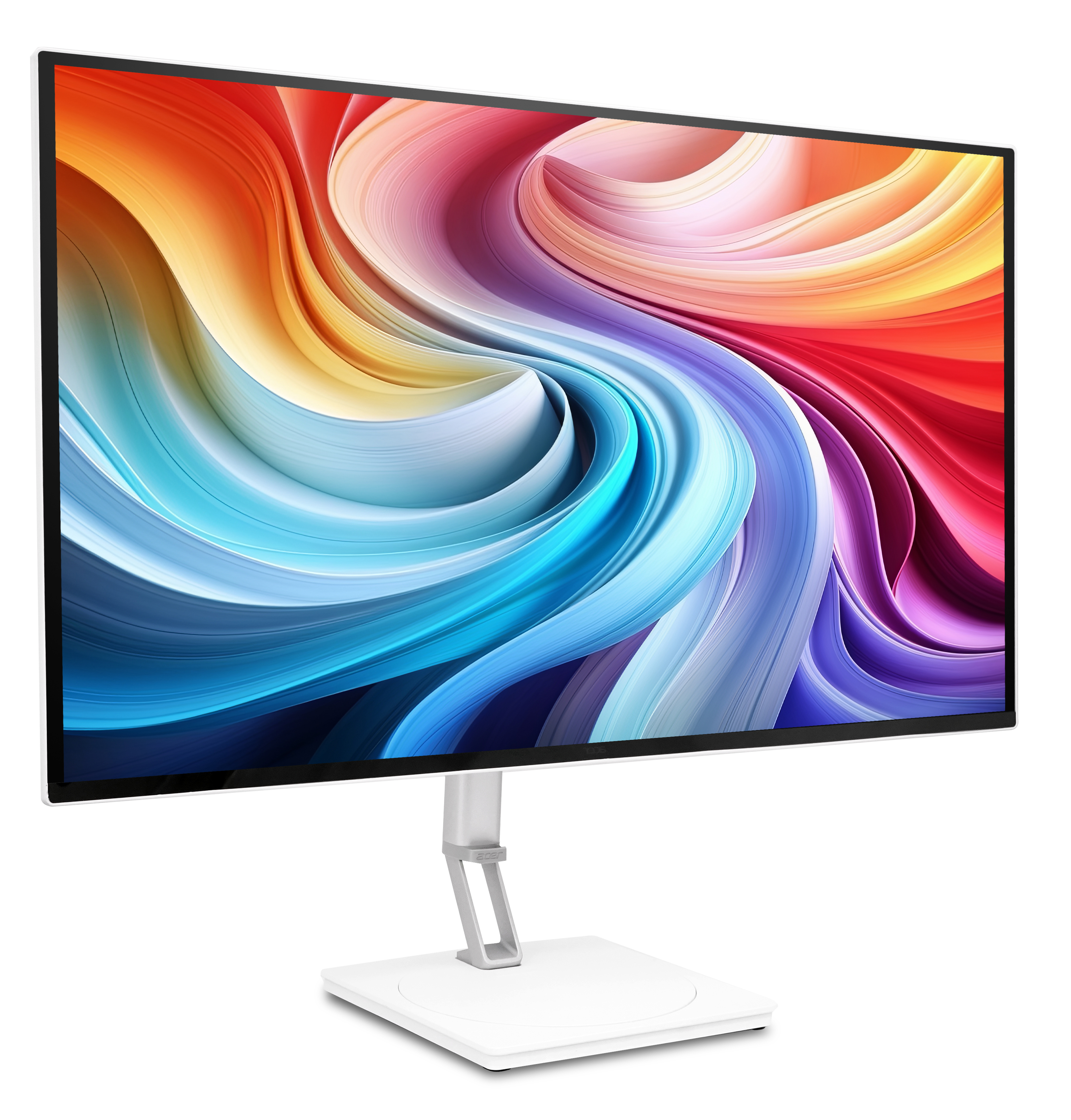 Ein weißer Monitor mit einem bunten, fließenden Hintergrundbild auf dem Bildschirm.