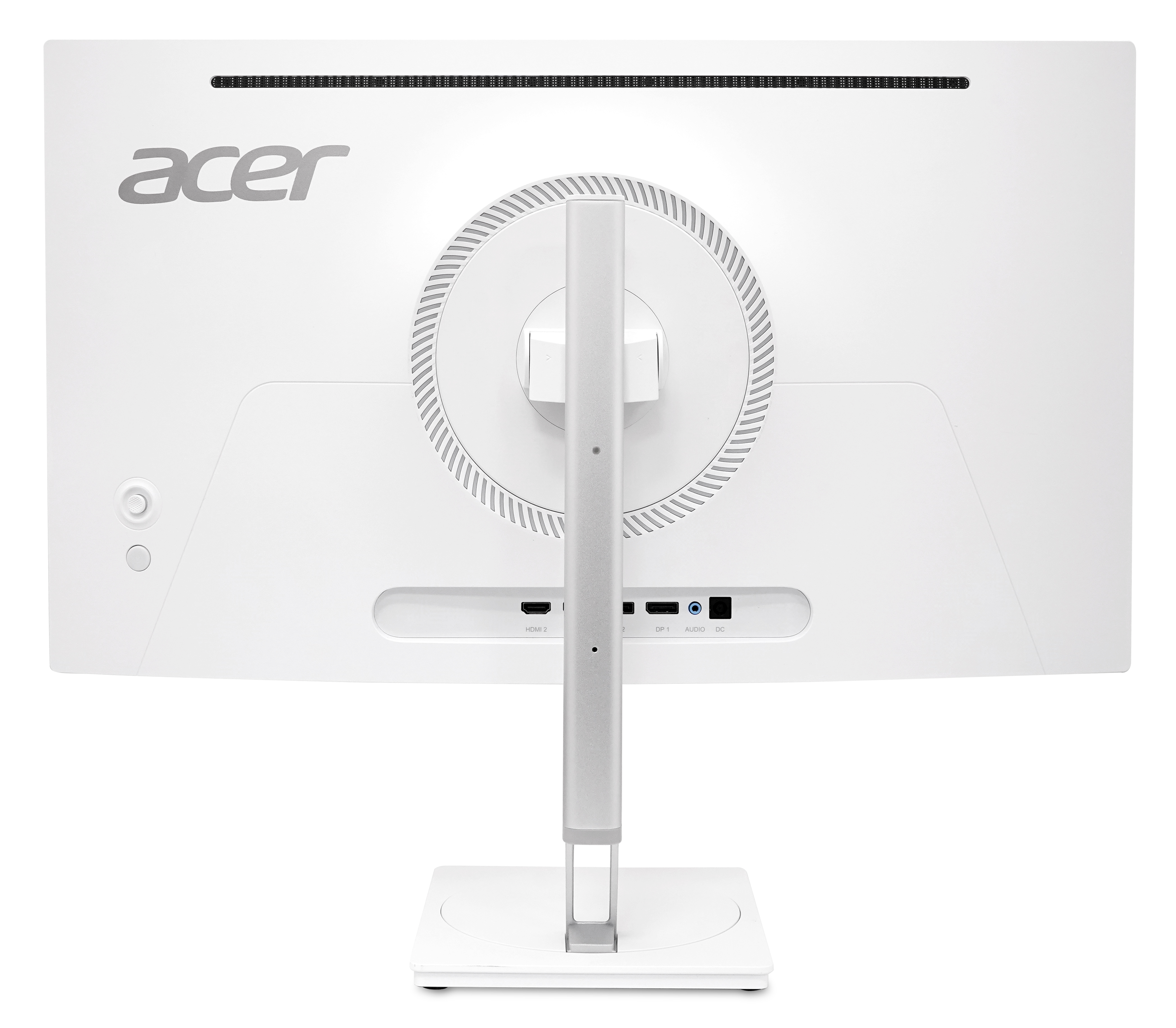 Rückseite eines weißen Acer-Monitors mit Anschlüssen und silbernem Ständer.