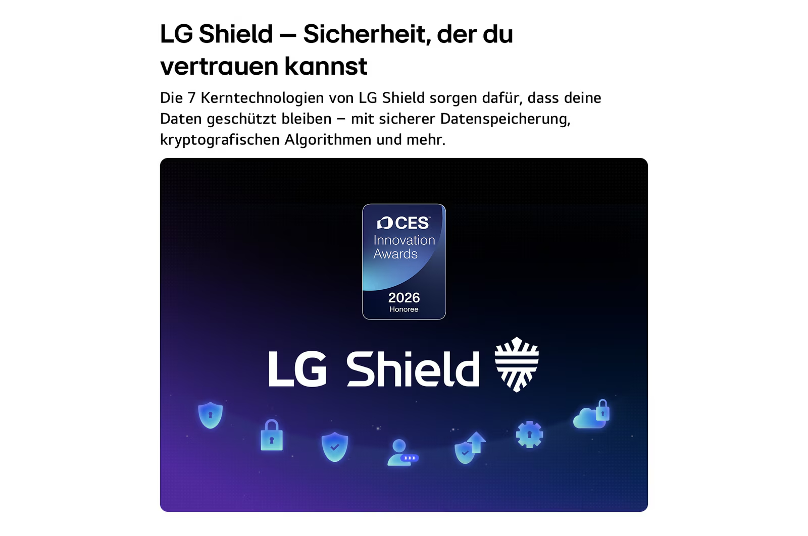 LG Shield Logo mit CES Innovation Award 2026. Symbole für Sicherheit und Daten.