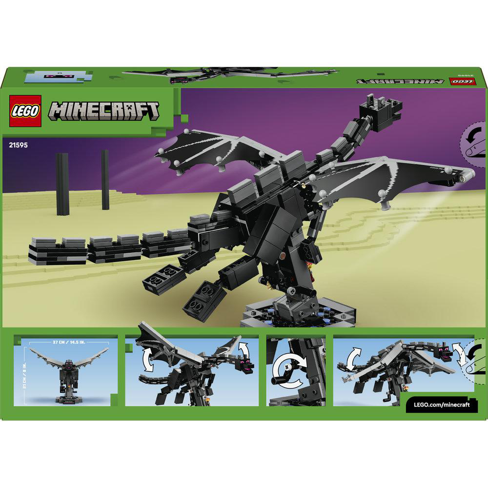 Lego Minecraft Ender Drachen Modell auf einem Ständer mit kleineren Bildern.