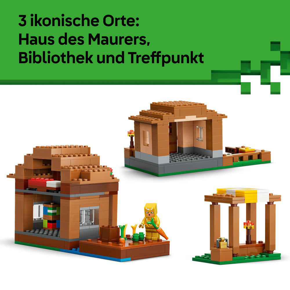 Drei Minecraft-Bauten: Haus, Bibliothek und Treffpunkt aus braunen Legosteinen.