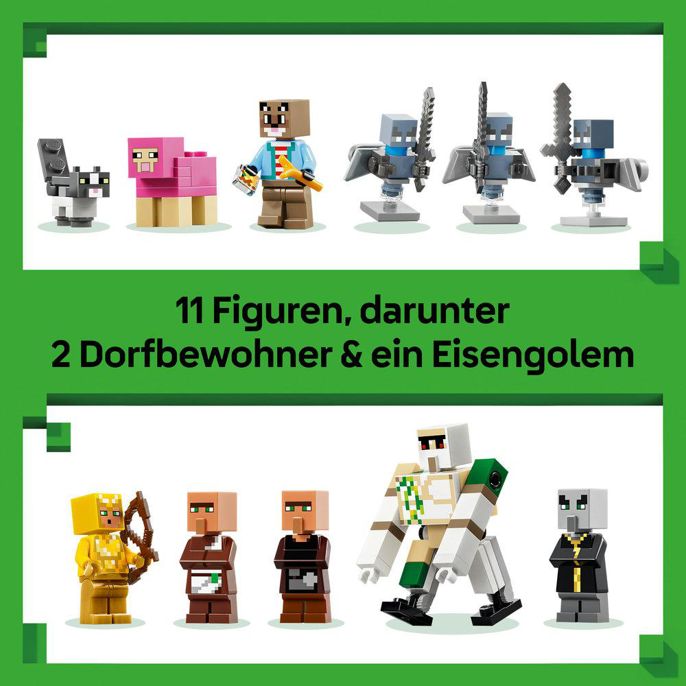 LEGO Minecraft Figuren: Katze, Schaf, Dorfbewohner, Skelette und Eisengolem.